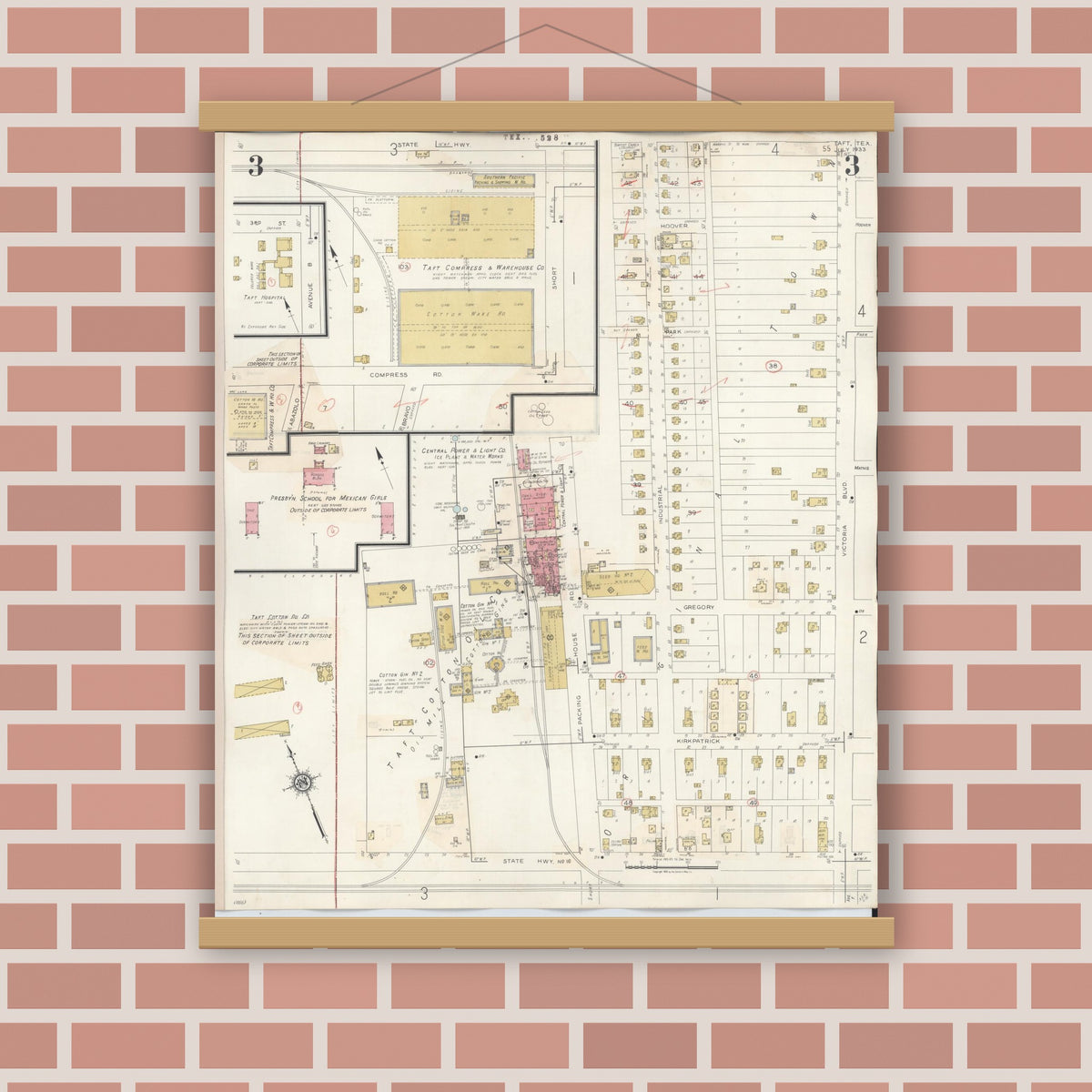 Old map wall art mockup — magnetic wood frame on brick wall — Sanborn Fire Insurance Map from Taft, San Patricio County, Texas (1942), Sheet #0003