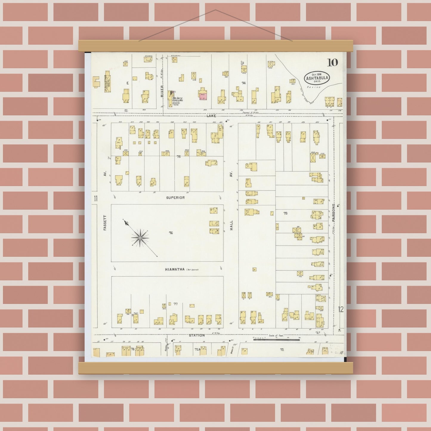 Old map wall art mockup — magnetic wood frame on brick wall — Sanborn Fire Insurance Map from Ashtabula, Ashtabula County, Ohio (1898), Sheet #0010