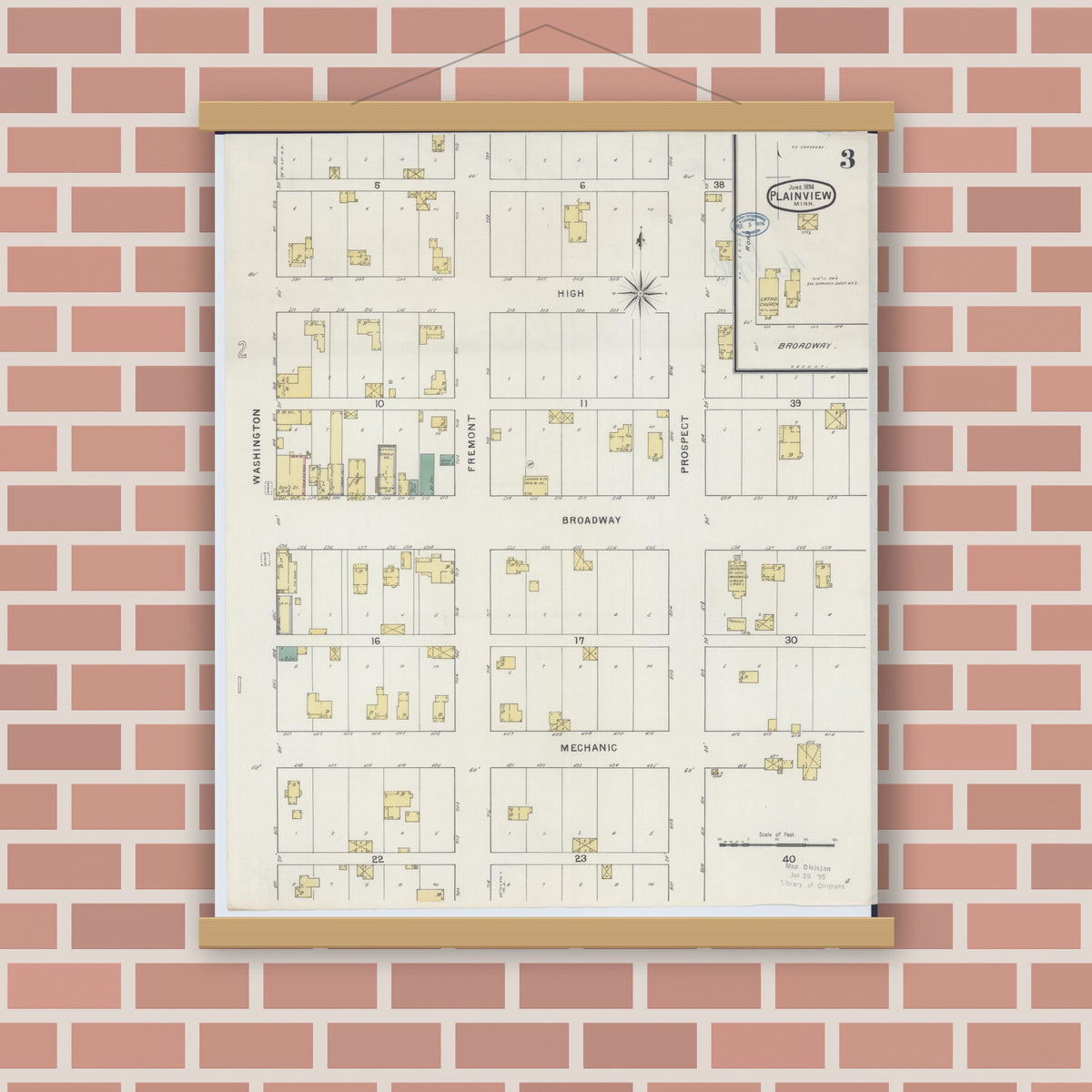Old map wall art mockup — magnetic wood frame on brick wall — Sanborn Fire Insurance Map from Plainview, Wabasha County, Minnesota (1894), Sheet #0003