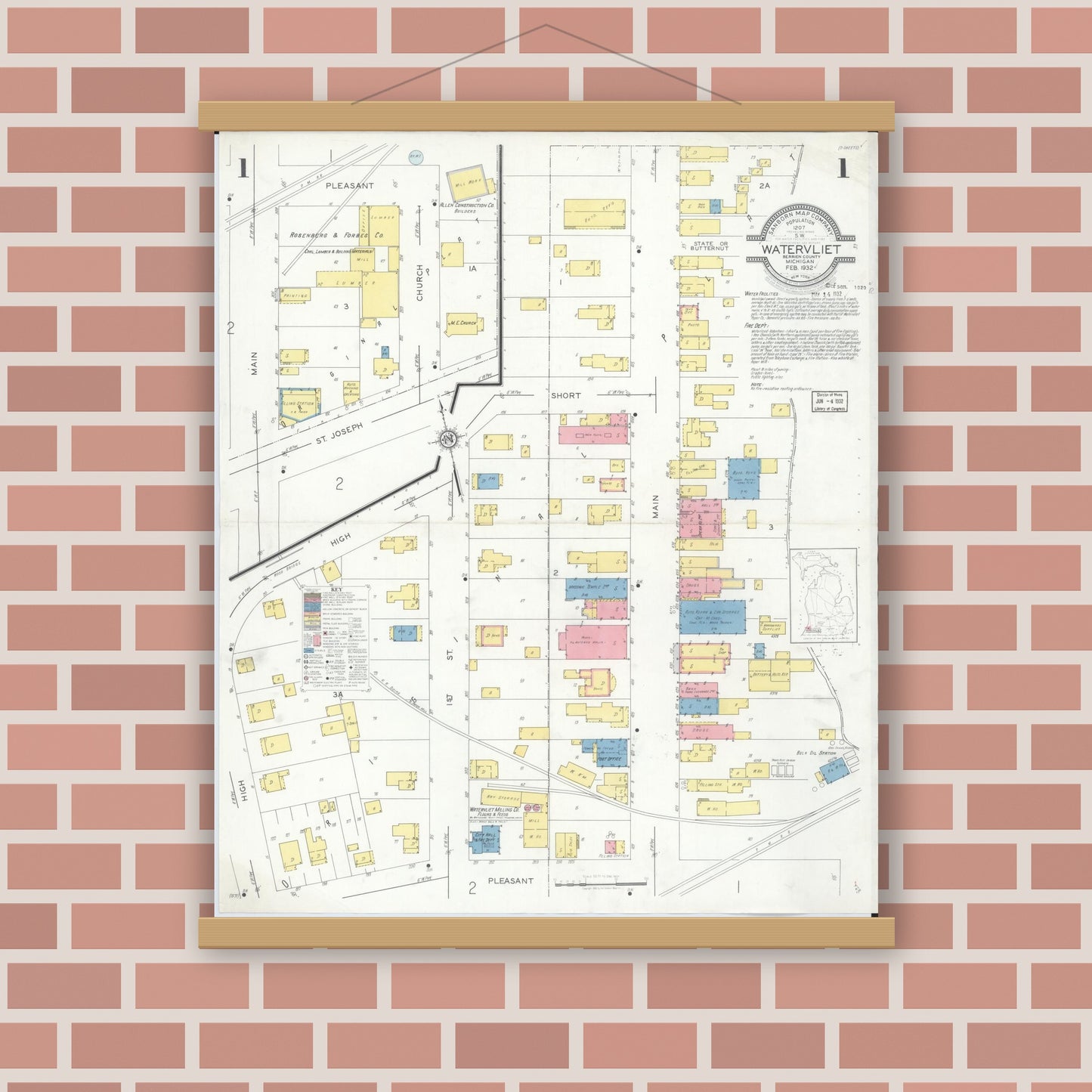 Old map wall art mockup — magnetic wood frame on brick wall — Sanborn Fire Insurance Map from Watervliet, Berrien County, Michigan (1932) - Complete Map Set
