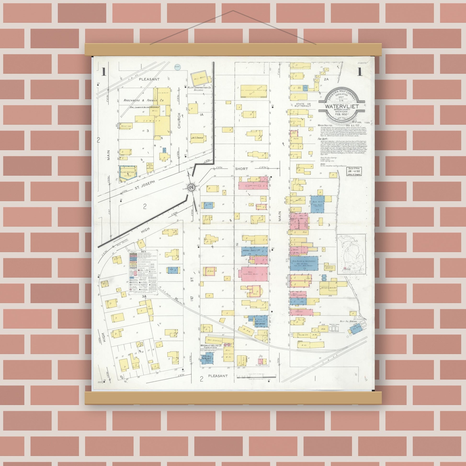 Old map wall art mockup — magnetic wood frame on brick wall — Sanborn Fire Insurance Map from Watervliet, Berrien County, Michigan (1932) - Complete Map Set