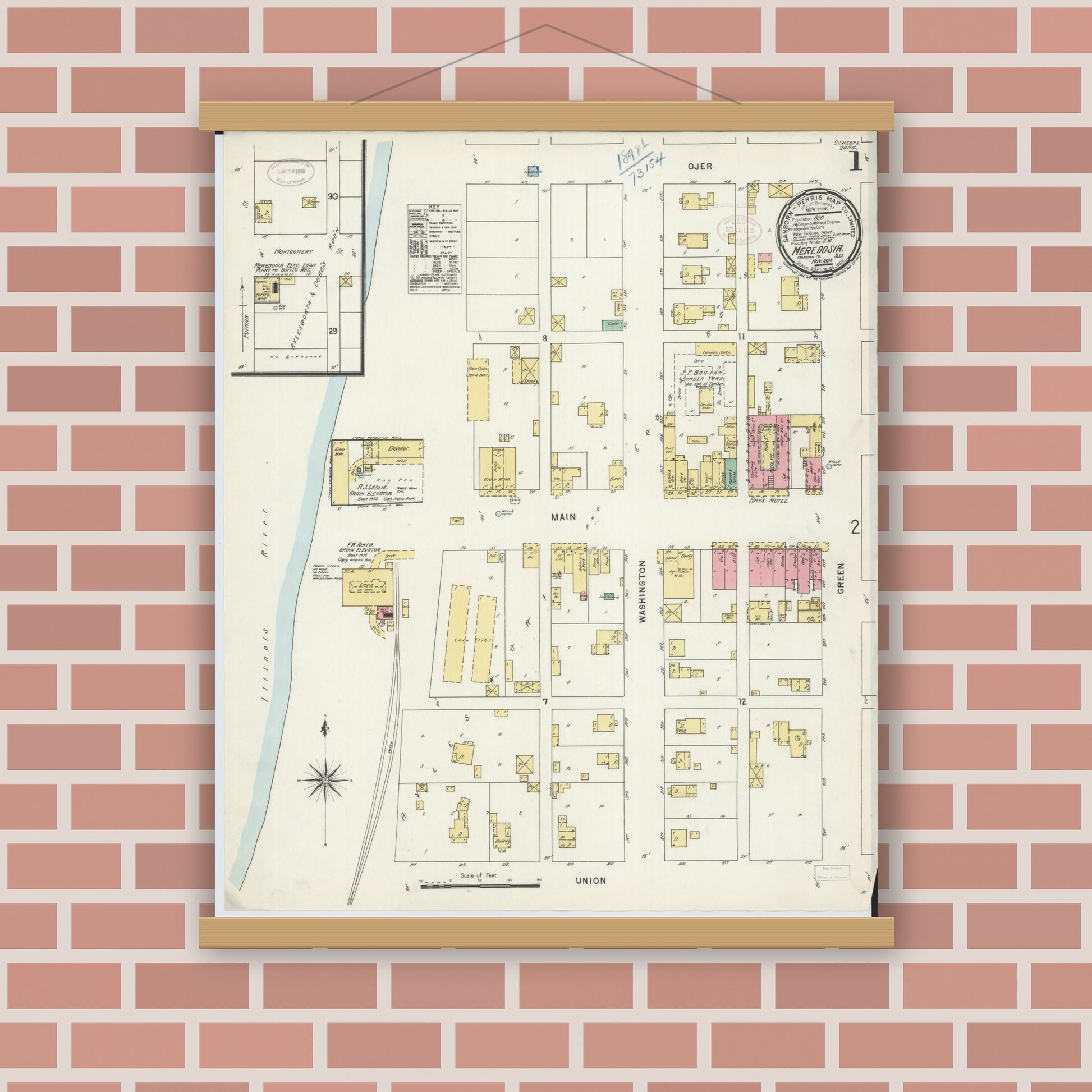 Old map wall art mockup — magnetic wood frame on brick wall — Sanborn Fire Insurance Map from Meredosia, Morgan County, Illinois (1898), Sheet #0001