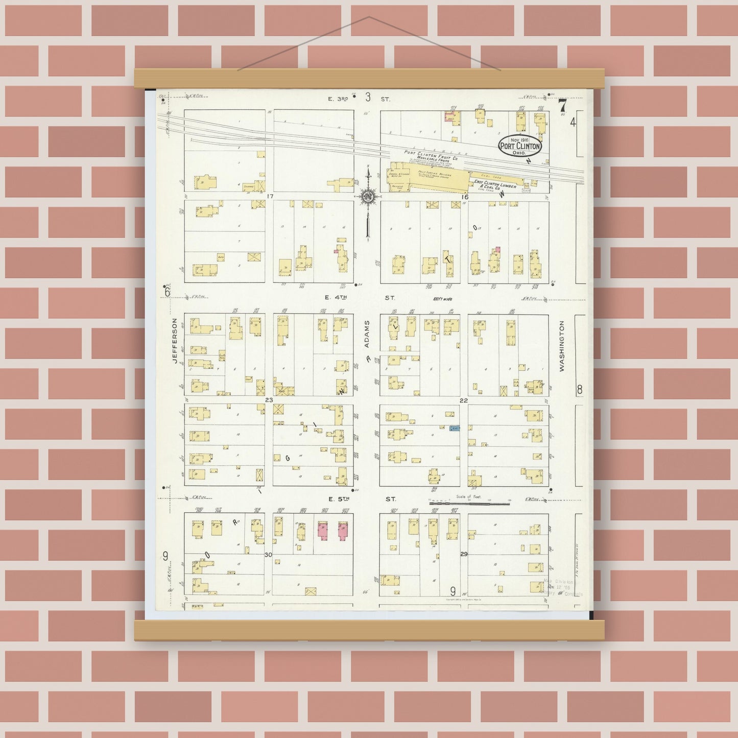 Old map wall art mockup — magnetic wood frame on brick wall — Sanborn Fire Insurance Map from Port Clinton, Ottawa County, Ohio (1916), Sheet #0007