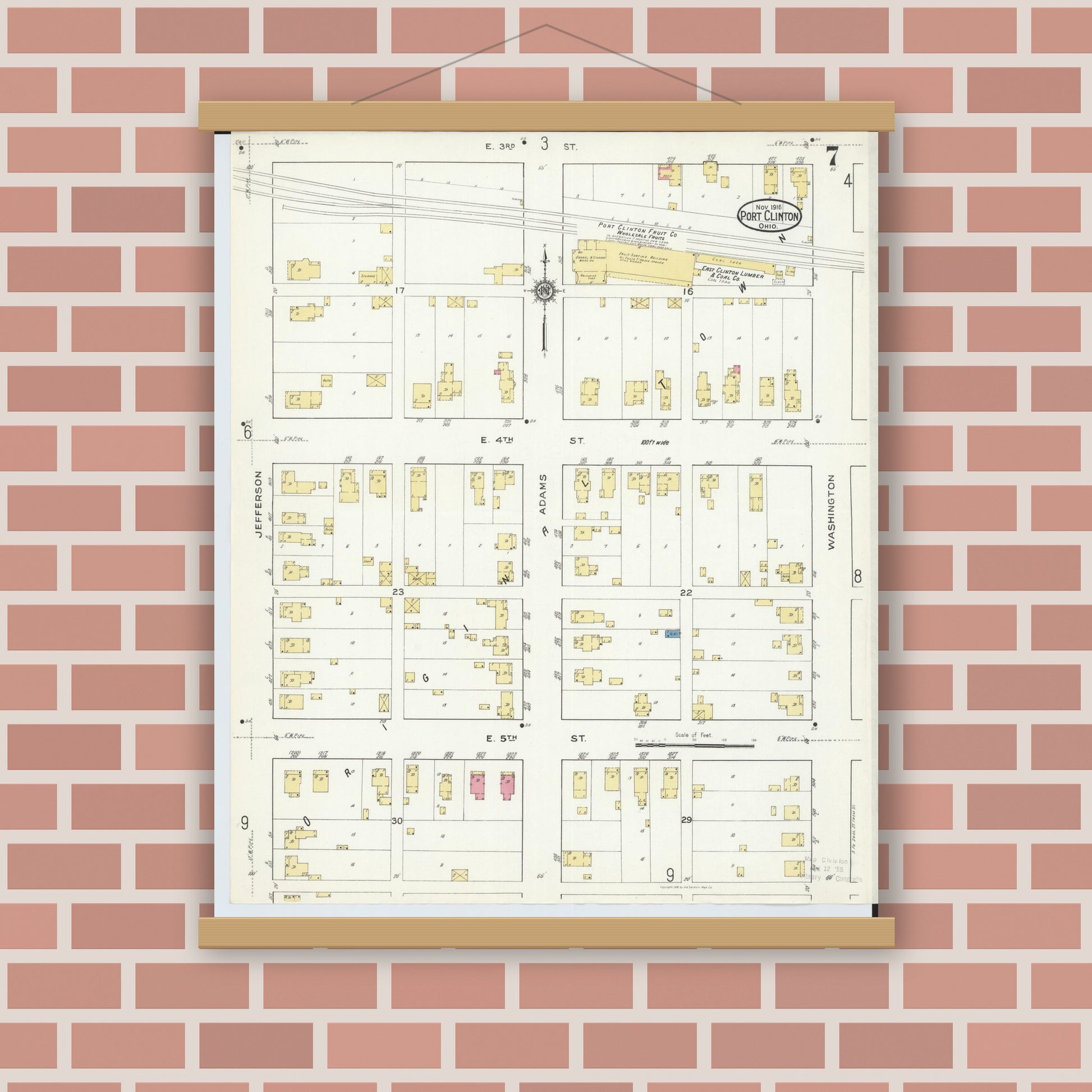 Old map wall art mockup — magnetic wood frame on brick wall — Sanborn Fire Insurance Map from Port Clinton, Ottawa County, Ohio (1916), Sheet #0007