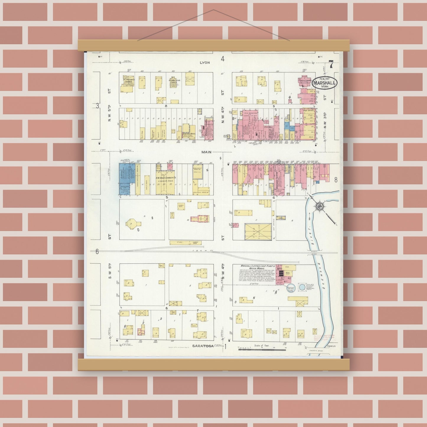 Old map wall art mockup — magnetic wood frame on brick wall — Sanborn Fire Insurance Map from Marshall, Lyon County, Minnesota (1917), Sheet #0007