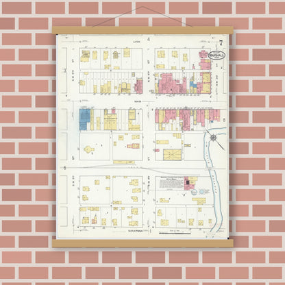 Old map wall art mockup — magnetic wood frame on brick wall — Sanborn Fire Insurance Map from Marshall, Lyon County, Minnesota (1917), Sheet #0007