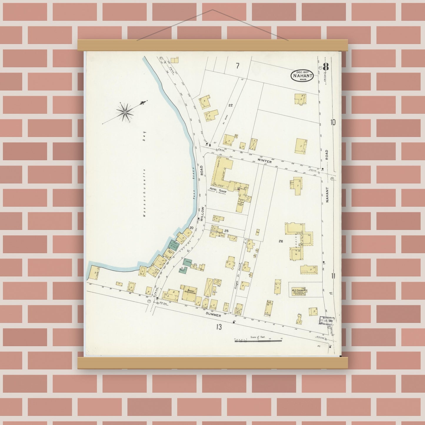Old map wall art mockup — magnetic wood frame on brick wall — Sanborn Fire Insurance Map from Nahant, Essex County, Massachusetts (1907), Sheet #0008