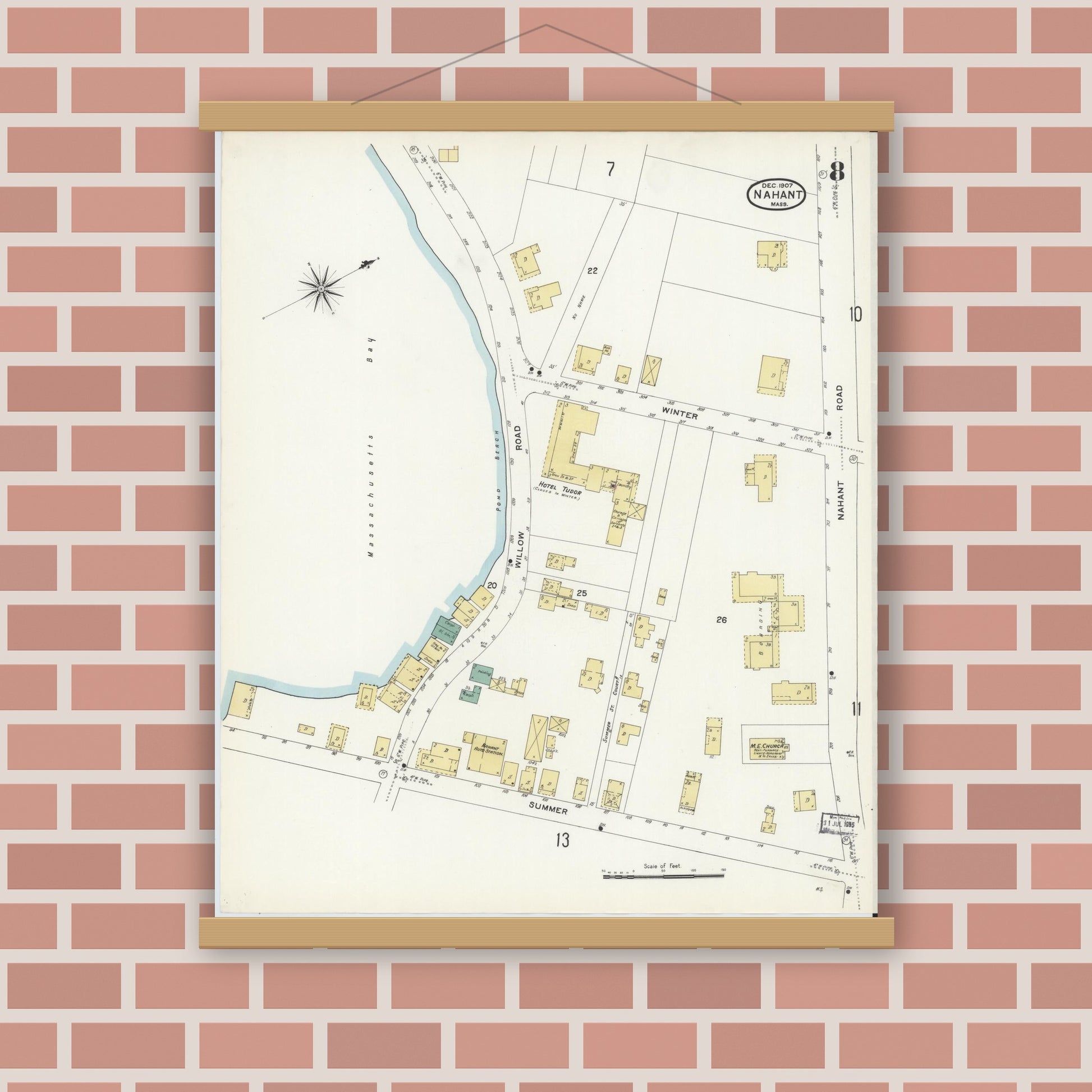 Old map wall art mockup — magnetic wood frame on brick wall — Sanborn Fire Insurance Map from Nahant, Essex County, Massachusetts (1907), Sheet #0008