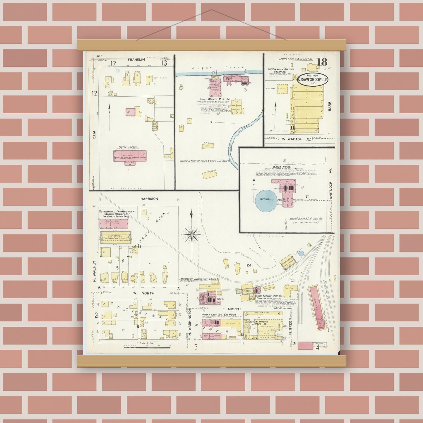 Old map wall art mockup — magnetic wood frame on brick wall — Sanborn Fire Insurance Map from Crawfordsville, Montgomery County, Indiana (1907), Sheet #0018