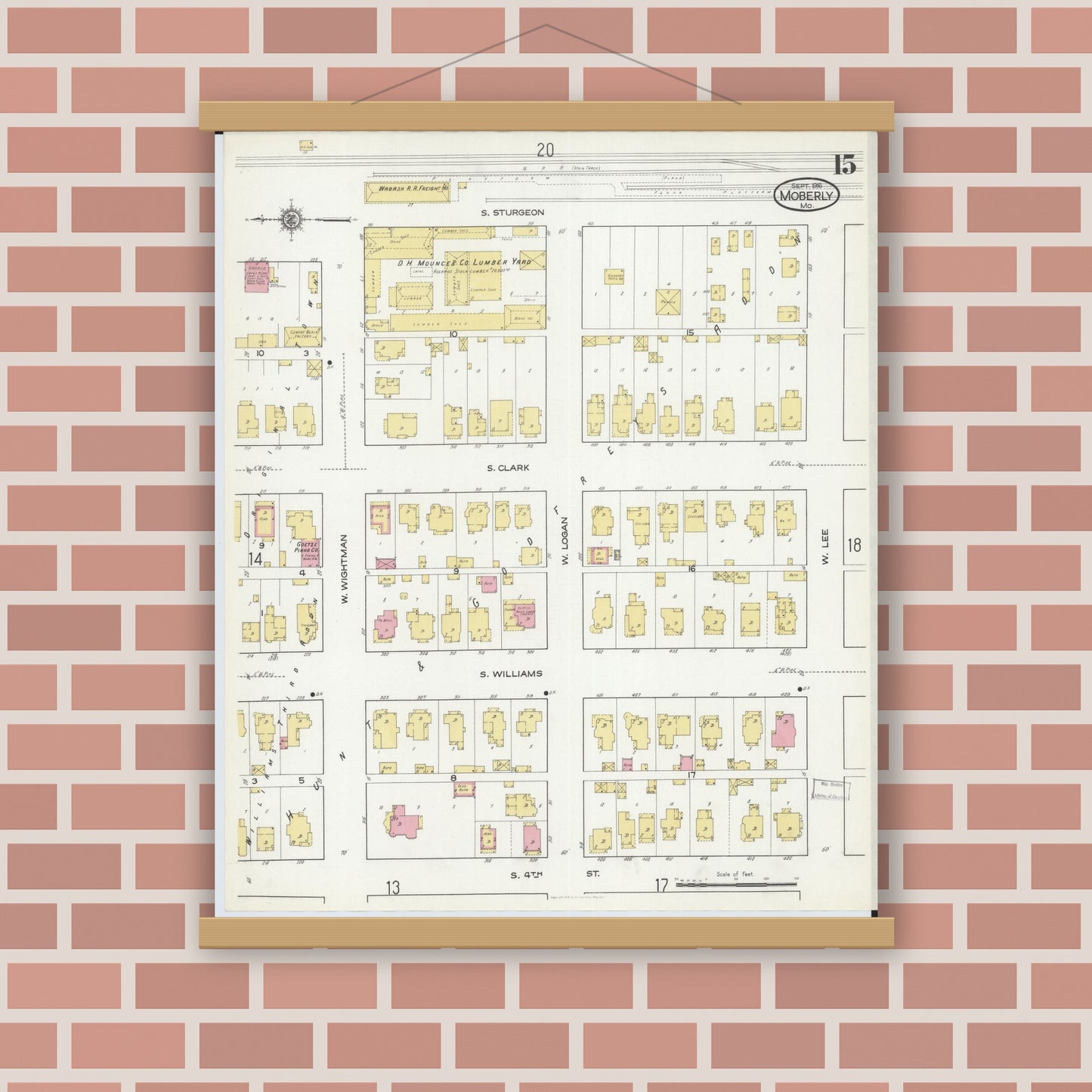 Old map wall art mockup — magnetic wood frame on brick wall — Sanborn Fire Insurance Map from Moberly, Randolph County, Missouri (1916), Sheet #0015