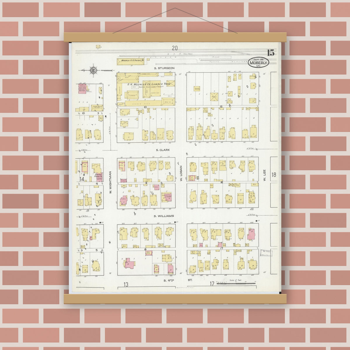 Old map wall art mockup — magnetic wood frame on brick wall — Sanborn Fire Insurance Map from Moberly, Randolph County, Missouri (1916), Sheet #0015