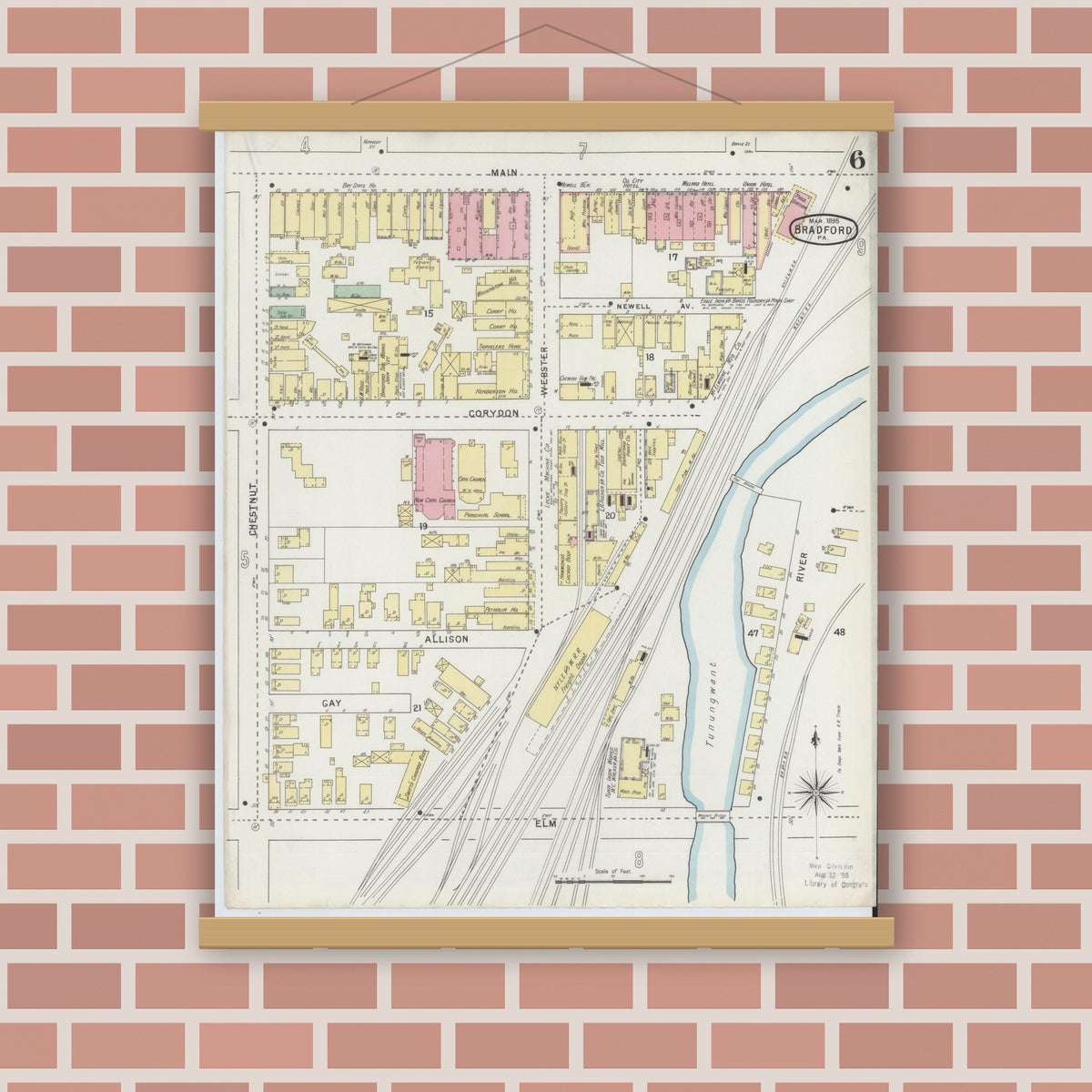 Old map wall art mockup — magnetic wood frame on brick wall — Sanborn Fire Insurance Map from Bradford, McKean County, Pennsylvania (1895), Sheet #0006