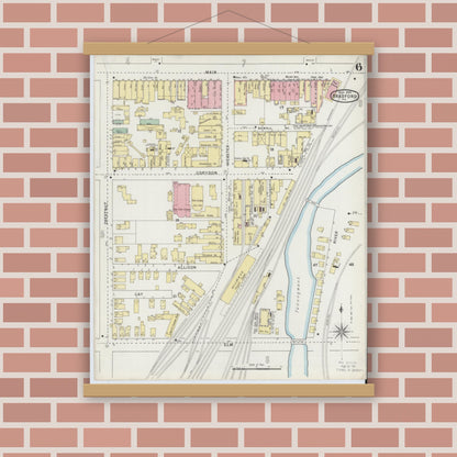 Old map wall art mockup — magnetic wood frame on brick wall — Sanborn Fire Insurance Map from Bradford, McKean County, Pennsylvania (1895), Sheet #0006