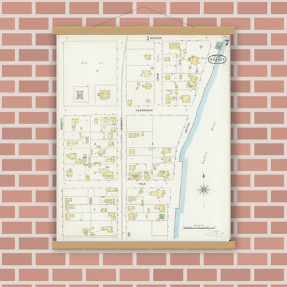 Old map wall art mockup — magnetic wood frame on brick wall — Sanborn Fire Insurance Map from Orange, Orange County, Texas (1896), Sheet #0007