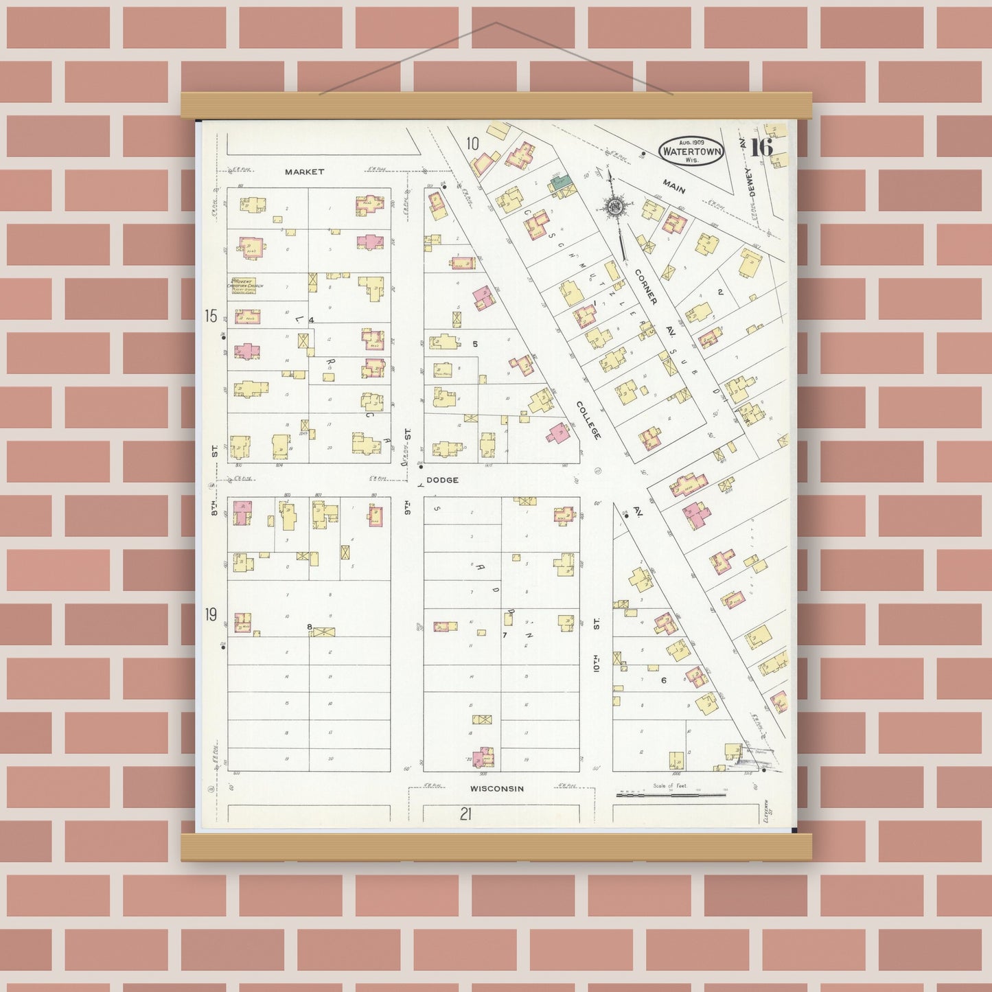 Old map wall art mockup — magnetic wood frame on brick wall — Sanborn Fire Insurance Map from Watertown, Jefferson County, Wisconsin (1909), Sheet #0016