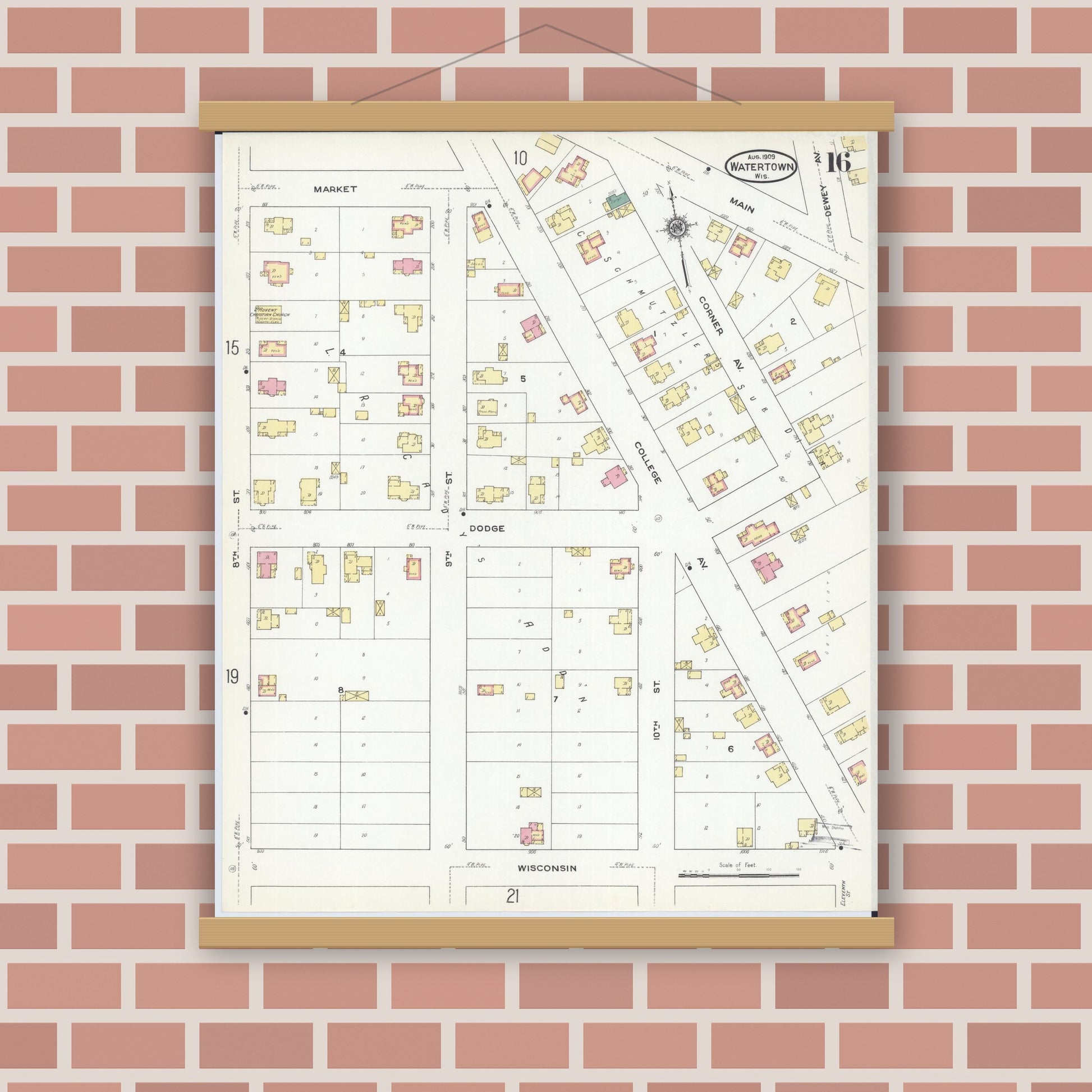 Old map wall art mockup — magnetic wood frame on brick wall — Sanborn Fire Insurance Map from Watertown, Jefferson County, Wisconsin (1909), Sheet #0016