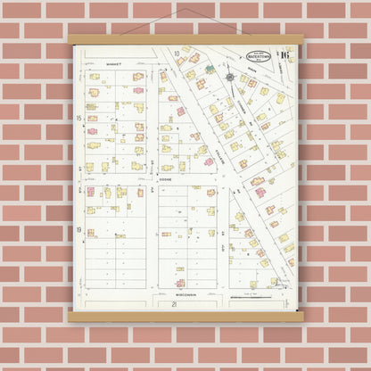 Old map wall art mockup — magnetic wood frame on brick wall — Sanborn Fire Insurance Map from Watertown, Jefferson County, Wisconsin (1909), Sheet #0016