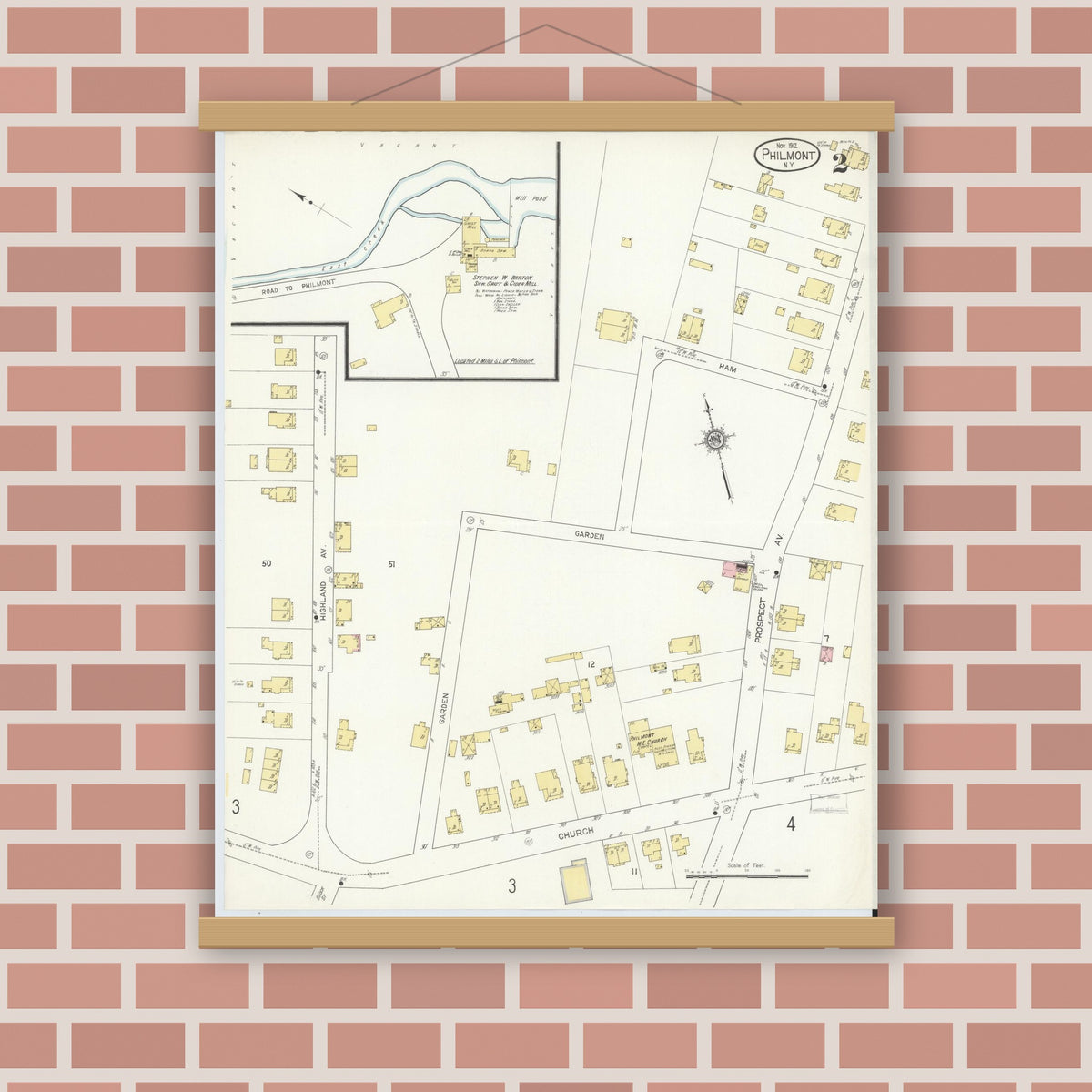 Old map wall art mockup — magnetic wood frame on brick wall — Sanborn Fire Insurance Map from Philmont, Columbia County, New York (1912), Sheet #0002