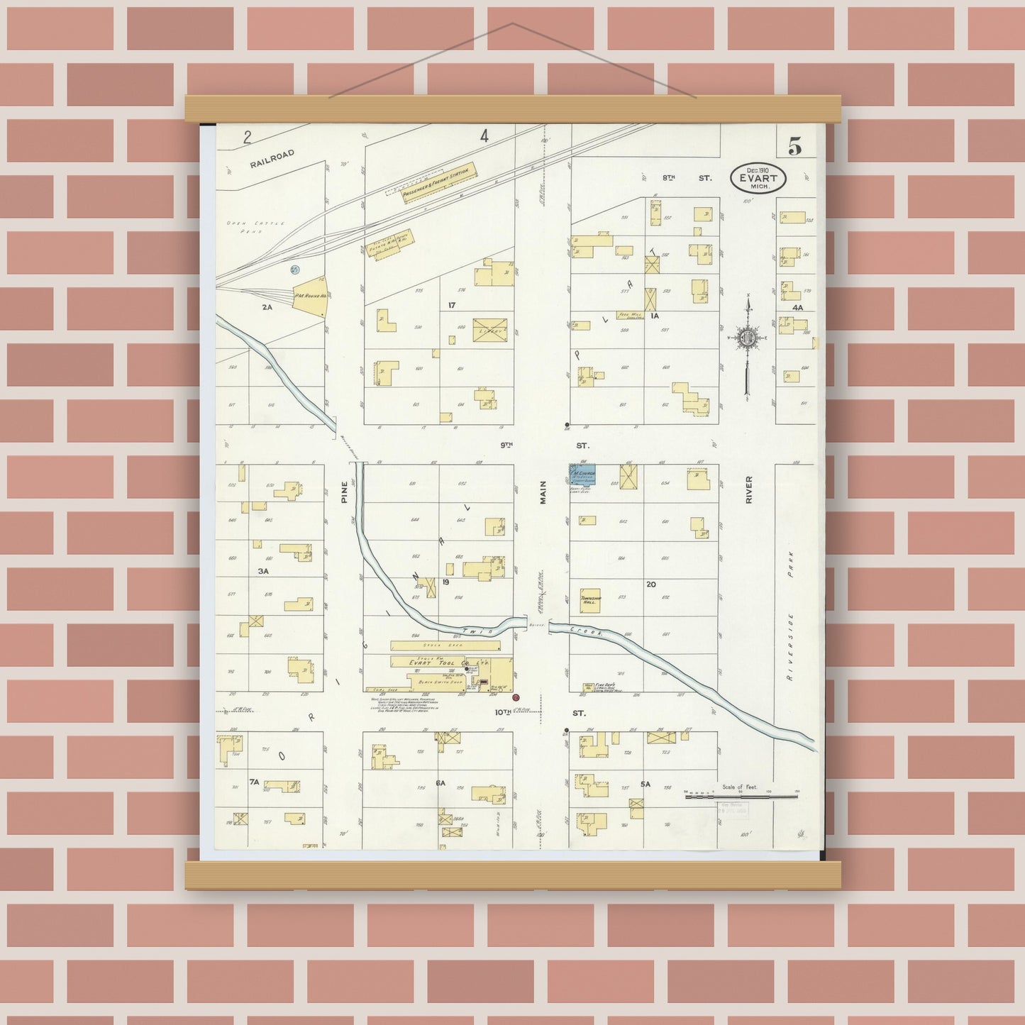 Old map wall art mockup — magnetic wood frame on brick wall — Sanborn Fire Insurance Map from Evart, Osceola County, Michigan (1910), Sheet #0005
