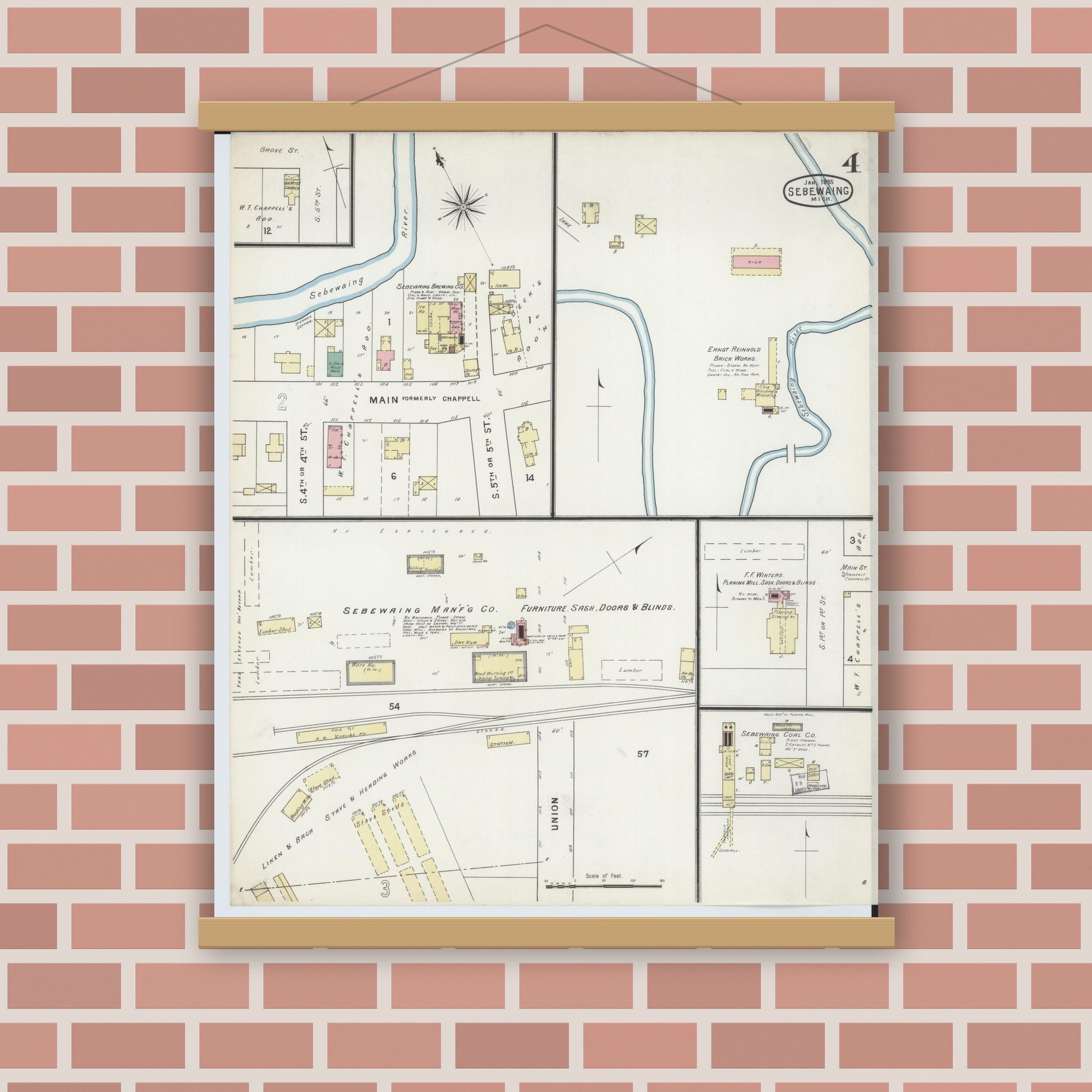 Old map wall art mockup — magnetic wood frame on brick wall — Sanborn Fire Insurance Map from Sebewaing, Huron County, Michigan (1895), Sheet #0004