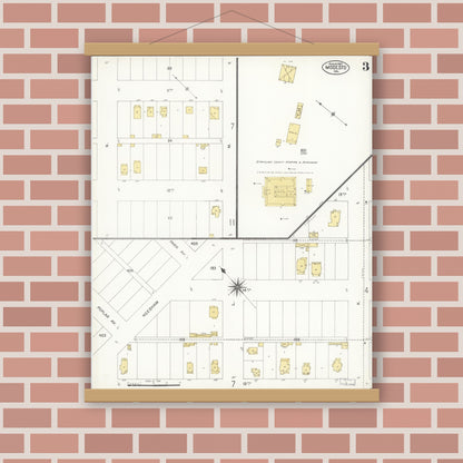 Old map wall art mockup — magnetic wood frame on brick wall — Sanborn Fire Insurance Map from Modesto, Stanislaus County, California (1907), Sheet #0003