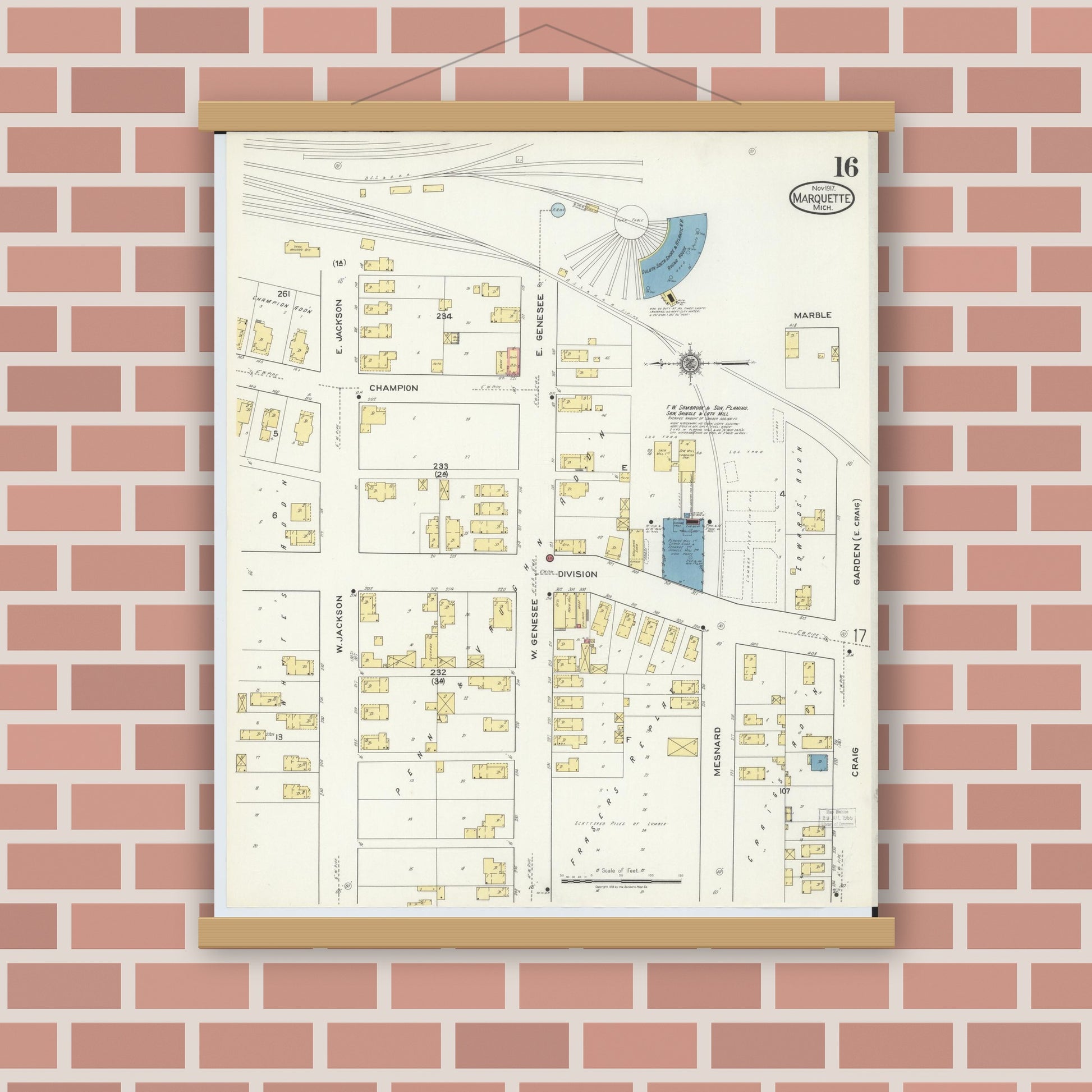 Old map wall art mockup — magnetic wood frame on brick wall — Sanborn Fire Insurance Map from Marquette, Marquette County, Michigan (1917), Sheet #0016