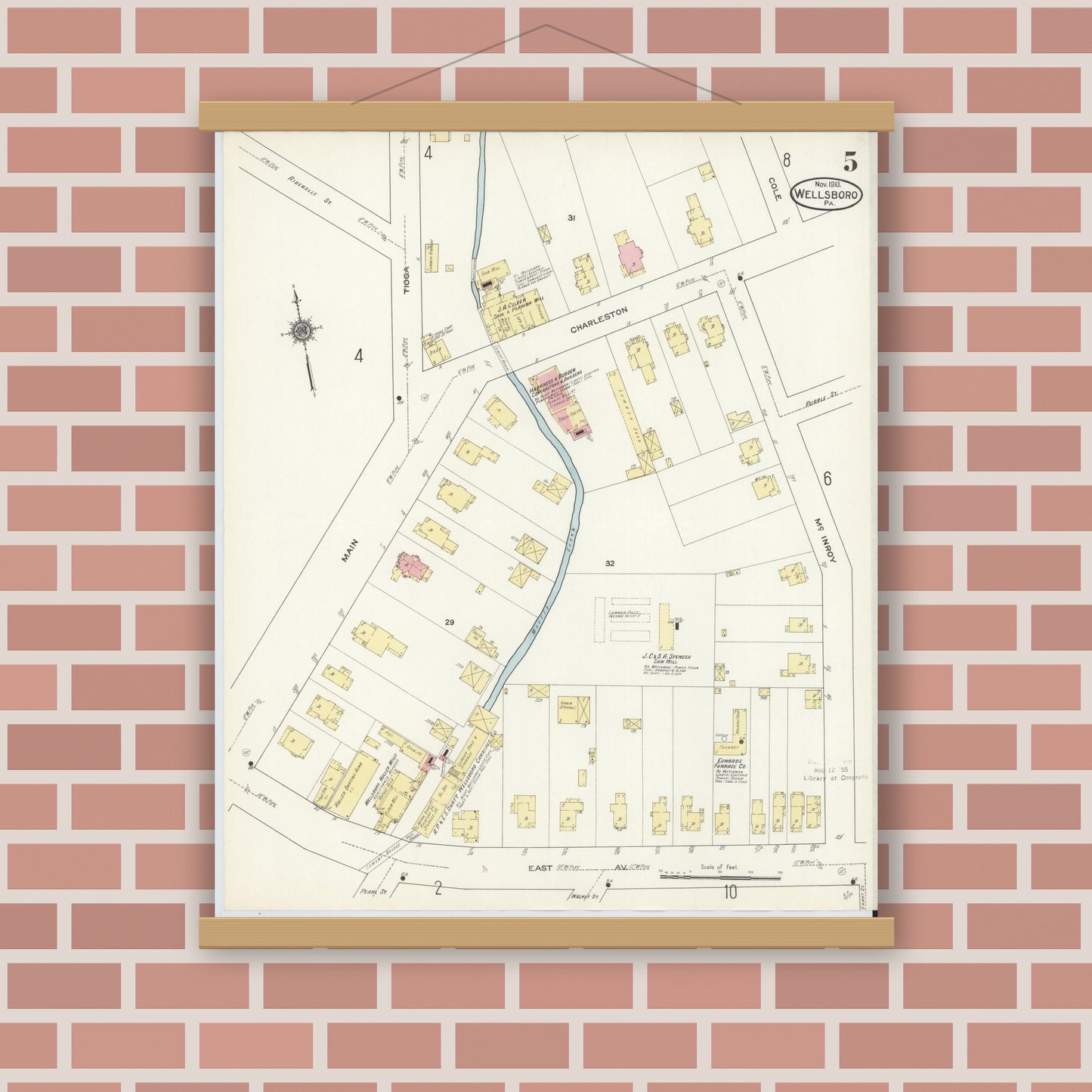 Old map wall art mockup — magnetic wood frame on brick wall — Sanborn Fire Insurance Map from Wellsboro, Tioga County, Pennsylvania (1910), Sheet #0005