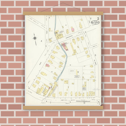 Old map wall art mockup — magnetic wood frame on brick wall — Sanborn Fire Insurance Map from Wellsboro, Tioga County, Pennsylvania (1910), Sheet #0005