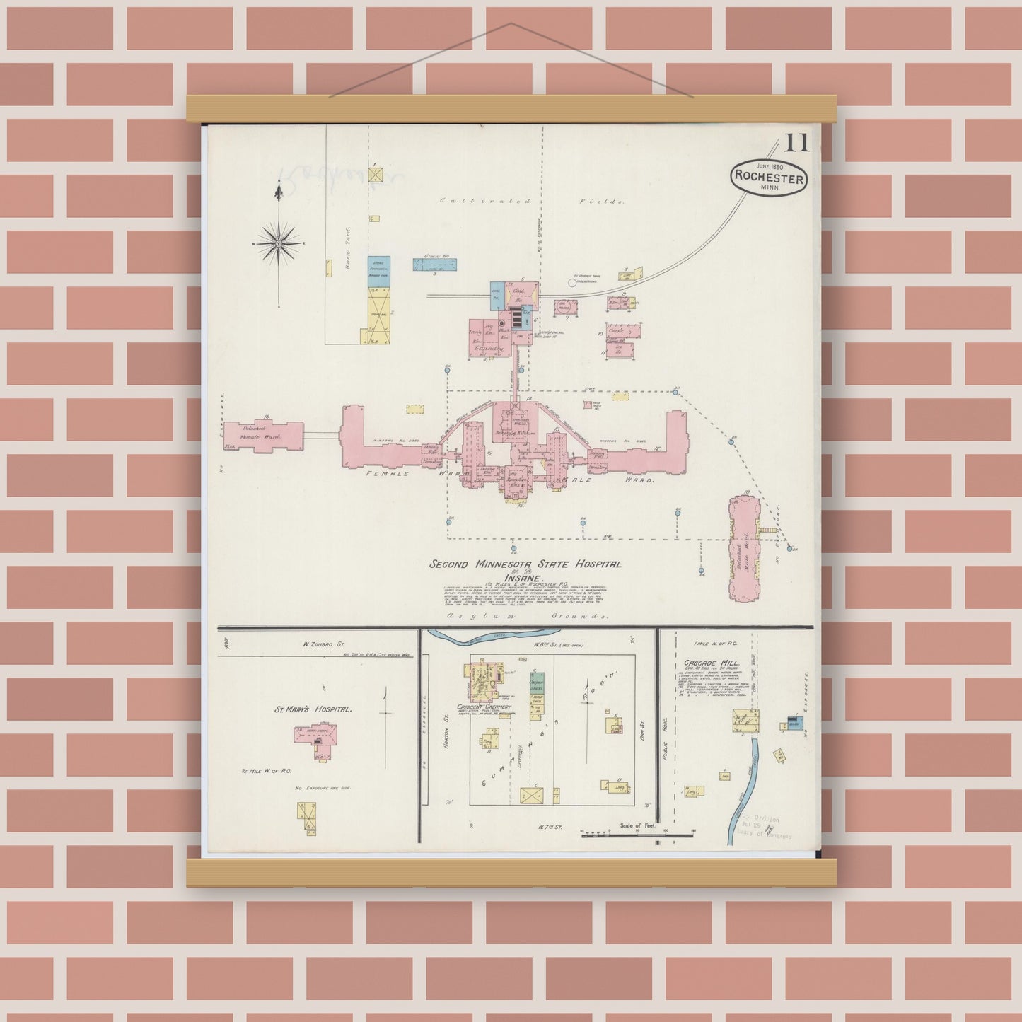 Old map wall art mockup — magnetic wood frame on brick wall — Sanborn Fire Insurance Map from Rochester, Olmsted County, Minnesota (1890), Sheet #0011