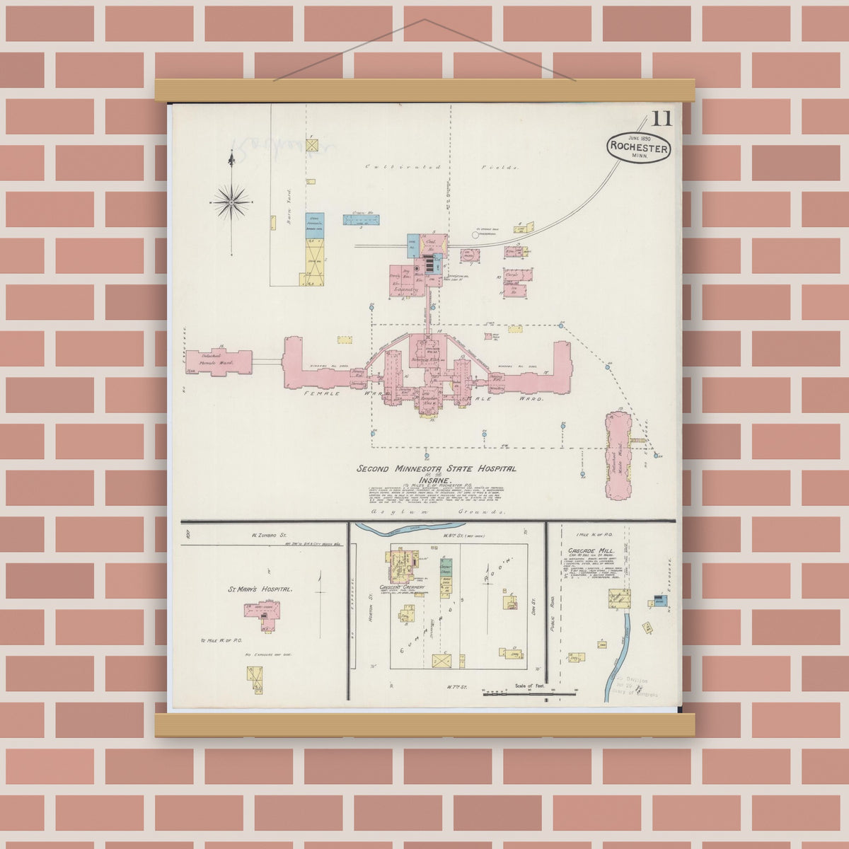 Old map wall art mockup — magnetic wood frame on brick wall — Sanborn Fire Insurance Map from Rochester, Olmsted County, Minnesota (1890), Sheet #0011