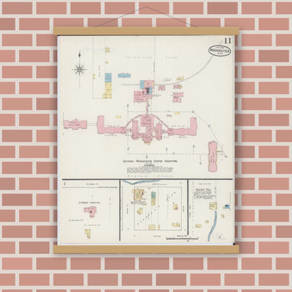 Old map wall art mockup — magnetic wood frame on brick wall — Sanborn Fire Insurance Map from Rochester, Olmsted County, Minnesota (1890), Sheet #0011