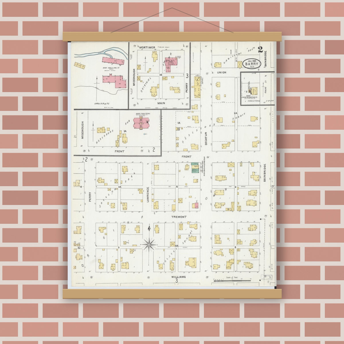 Old map wall art mockup — magnetic wood frame on brick wall — Sanborn Fire Insurance Map from Barry, Pike County, Illinois (1905), Sheet #0002