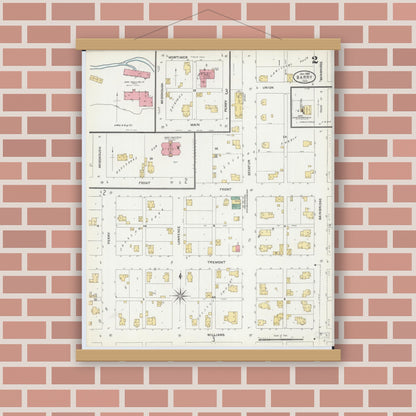Old map wall art mockup — magnetic wood frame on brick wall — Sanborn Fire Insurance Map from Barry, Pike County, Illinois (1905), Sheet #0002