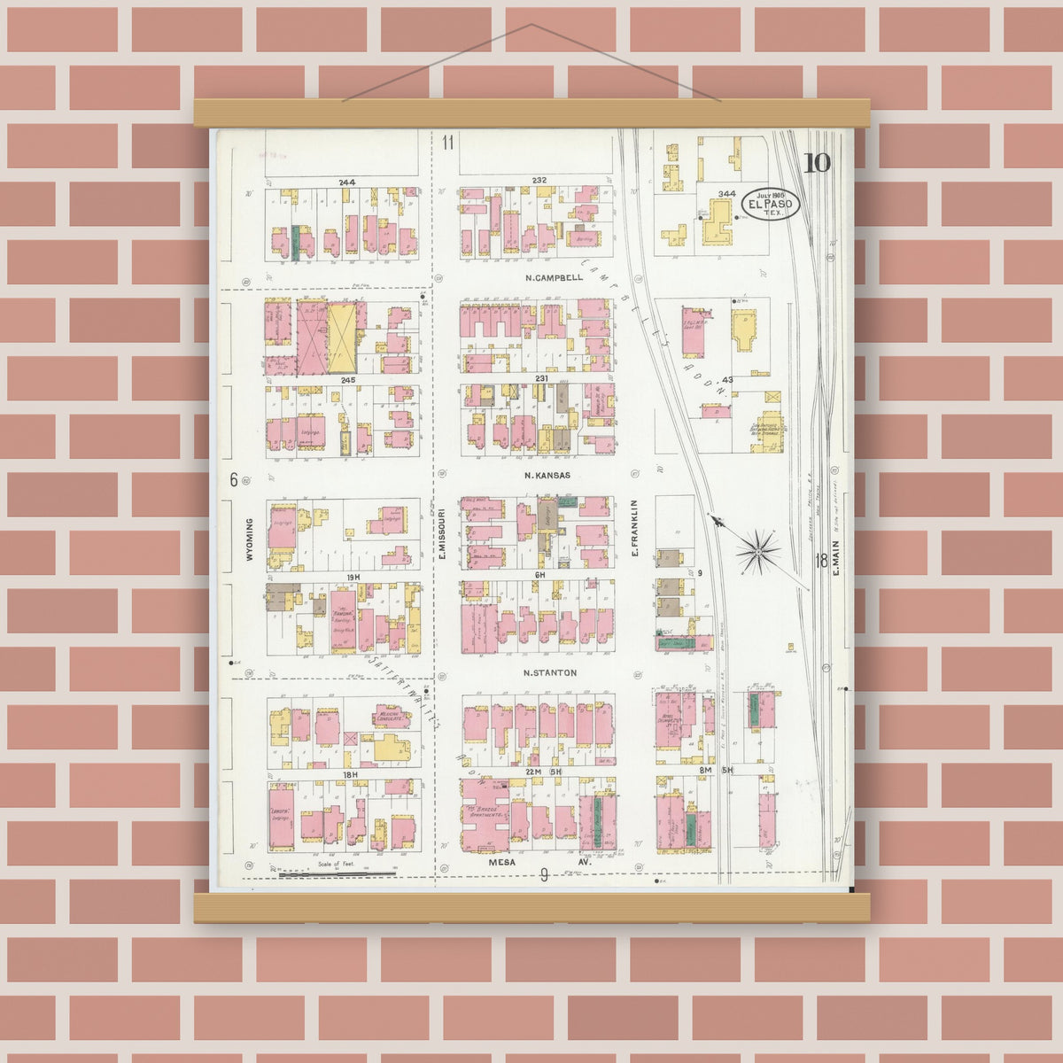 Old map wall art mockup — magnetic wood frame on brick wall — Sanborn Fire Insurance Map from El Paso, El Paso County, Texas (1905), Sheet #0010