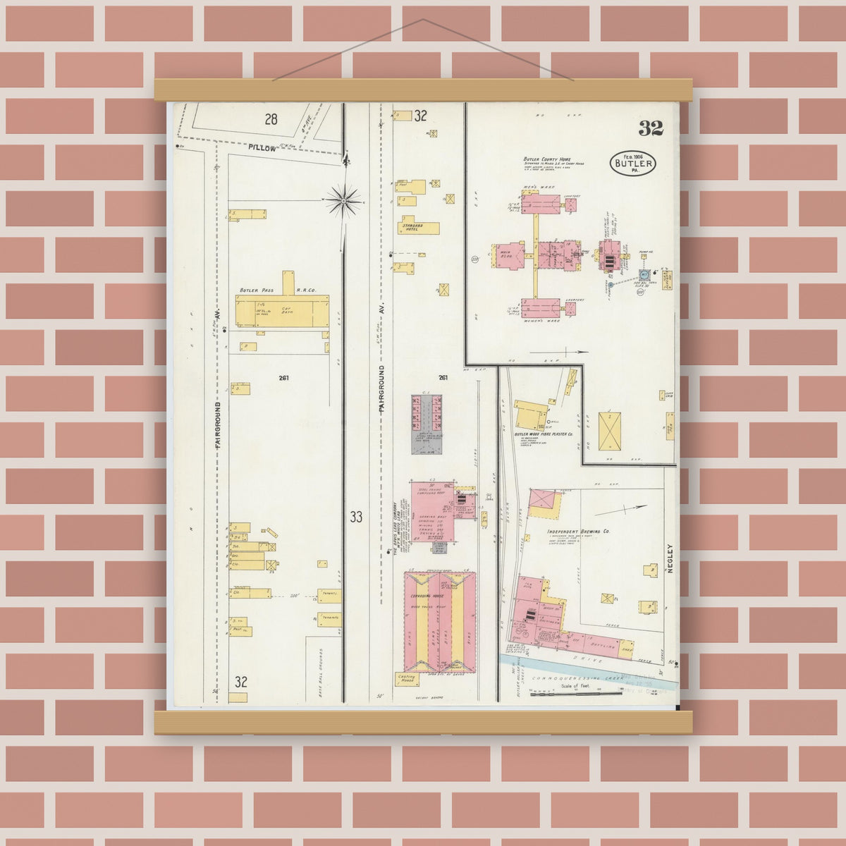 Old map wall art mockup — magnetic wood frame on brick wall — Sanborn Fire Insurance Map from Butler, Butler County, Pennsylvania (1906), Sheet #0032