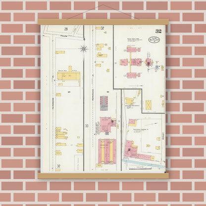 Old map wall art mockup — magnetic wood frame on brick wall — Sanborn Fire Insurance Map from Butler, Butler County, Pennsylvania (1906), Sheet #0032