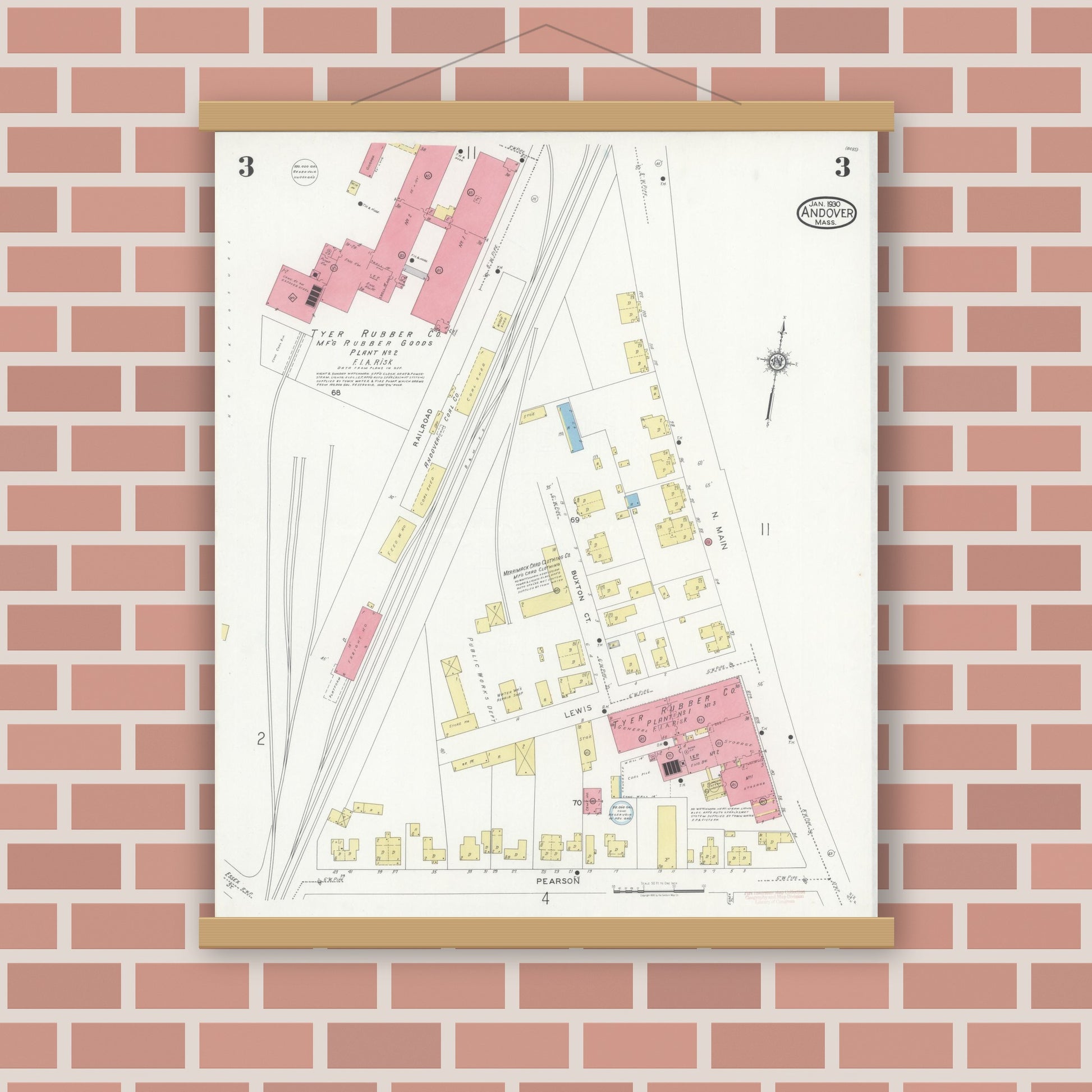Old map wall art mockup — magnetic wood frame on brick wall — Sanborn Fire Insurance Map from Andover, Essex County, Massachusetts (1930), Sheet #0003