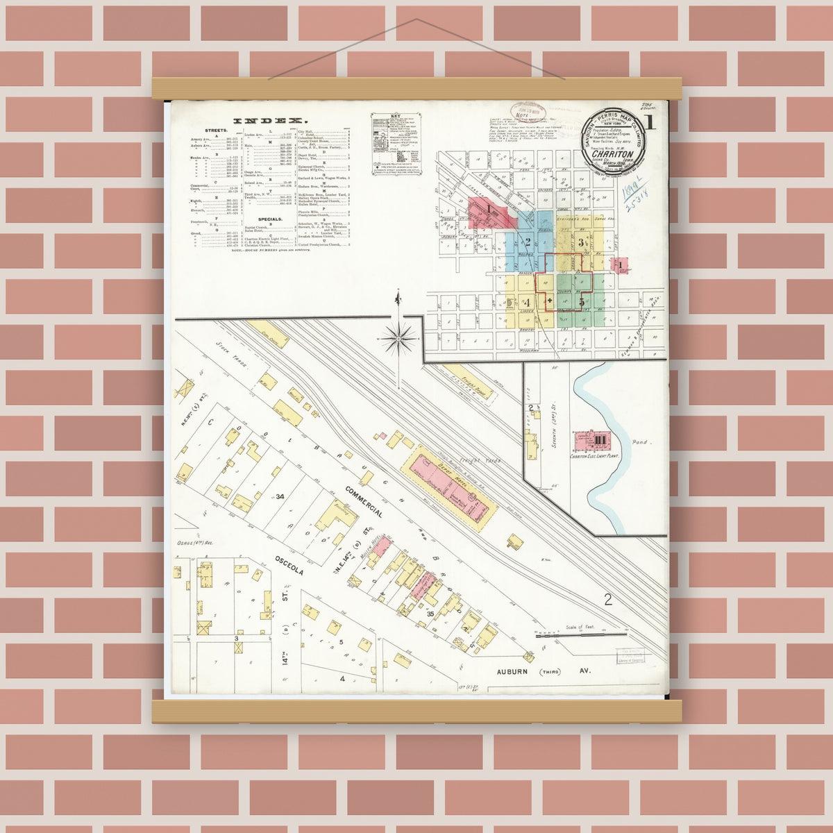 Old map wall art mockup — magnetic wood frame on brick wall — Sanborn Fire Insurance Map from Chariton, Lucas County, Iowa (1899) â€” Complete Set