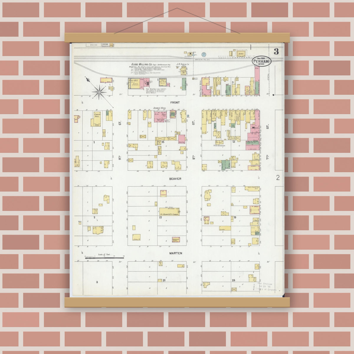 Old map wall art mockup — magnetic wood frame on brick wall — Sanborn Fire Insurance Map from Perham, Otter Tail County, Minnesota (1899), Sheet #0003