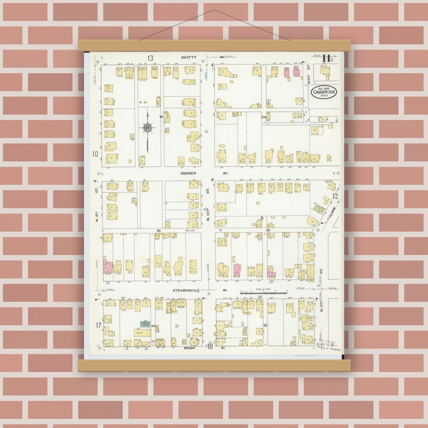 Old map wall art mockup — magnetic wood frame on brick wall — Sanborn Fire Insurance Map from Cambridge, Guernsey County, Ohio (1909), Sheet #0011