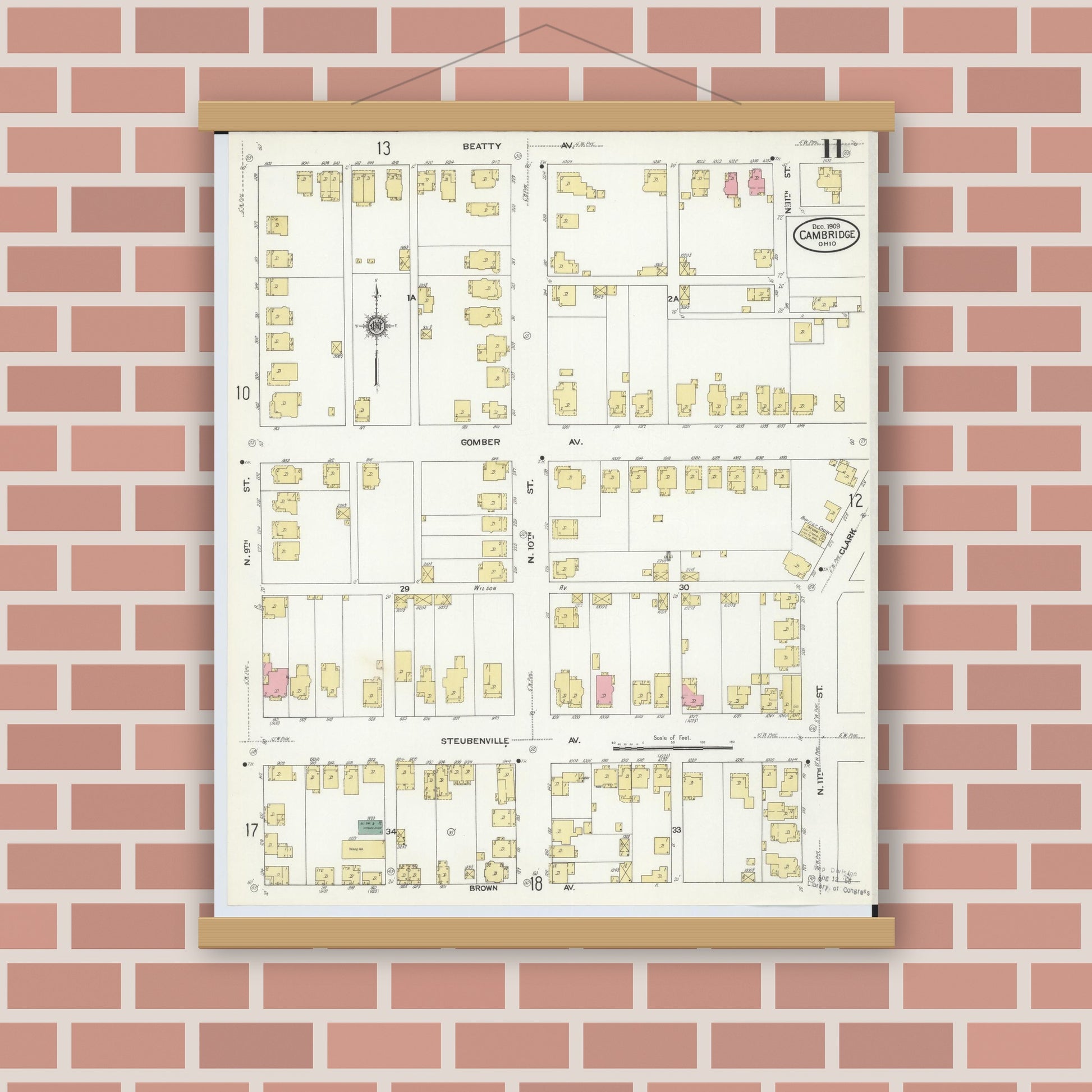 Old map wall art mockup — magnetic wood frame on brick wall — Sanborn Fire Insurance Map from Cambridge, Guernsey County, Ohio (1909), Sheet #0011