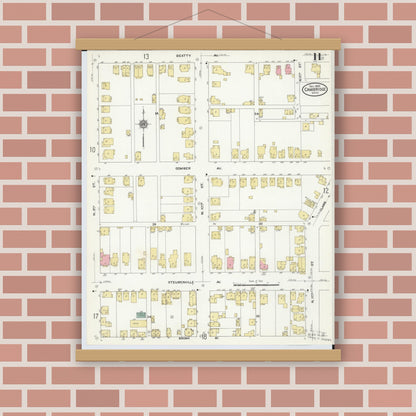 Old map wall art mockup — magnetic wood frame on brick wall — Sanborn Fire Insurance Map from Cambridge, Guernsey County, Ohio (1909), Sheet #0011