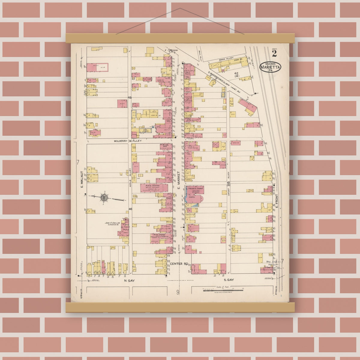 Old map wall art mockup — magnetic wood frame on brick wall — Sanborn Fire Insurance Map from Marietta, Lancaster County, Pennsylvania (1922), Sheet #0002