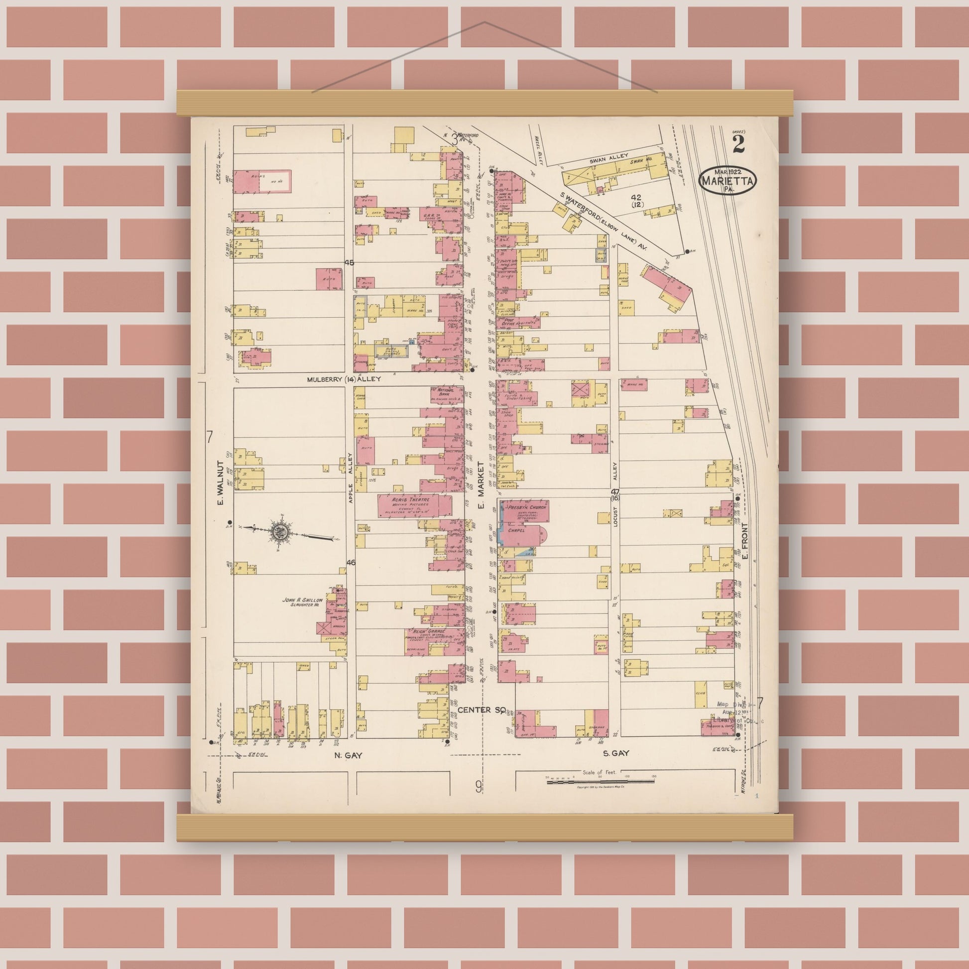 Old map wall art mockup — magnetic wood frame on brick wall — Sanborn Fire Insurance Map from Marietta, Lancaster County, Pennsylvania (1922), Sheet #0002