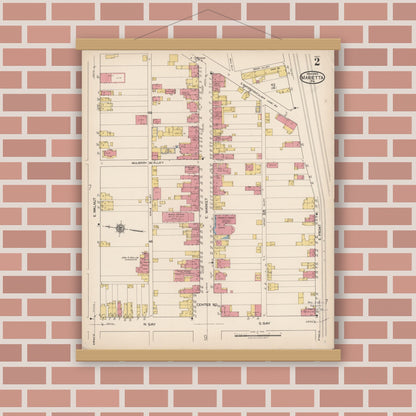 Old map wall art mockup — magnetic wood frame on brick wall — Sanborn Fire Insurance Map from Marietta, Lancaster County, Pennsylvania (1922), Sheet #0002