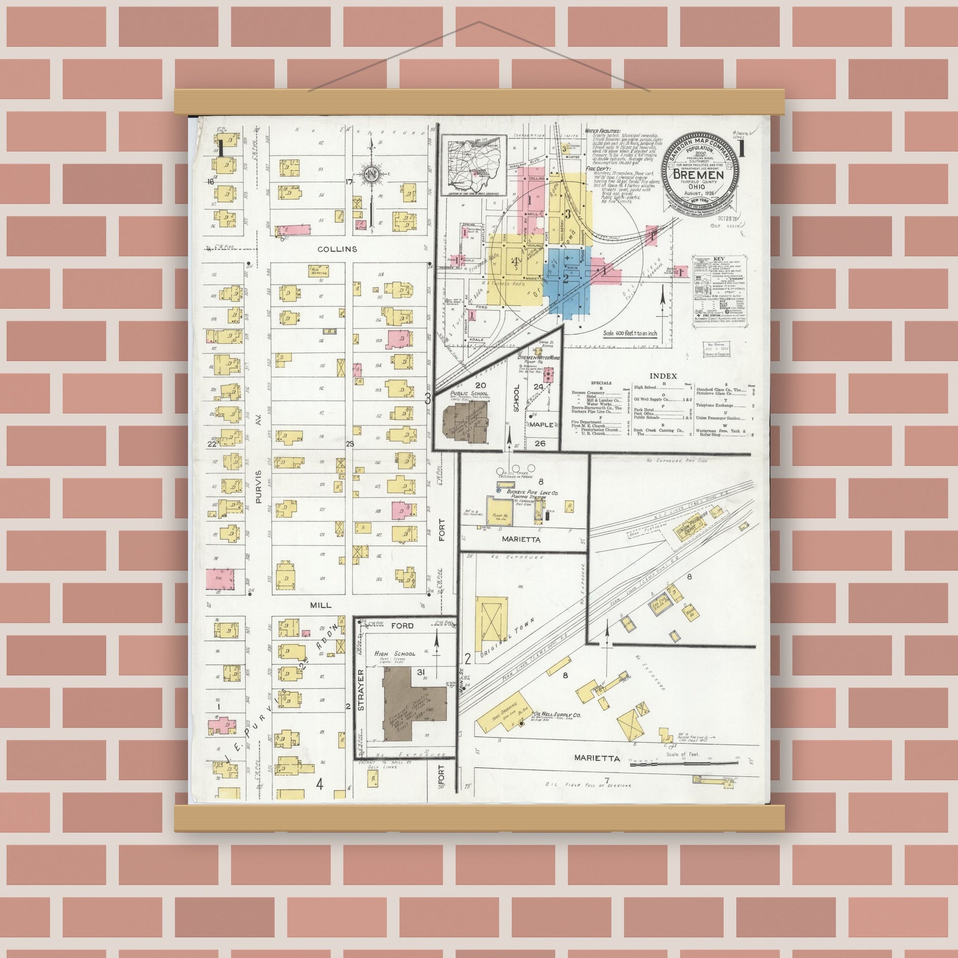 Old map wall art mockup — magnetic wood frame on brick wall — Sanborn Fire Insurance Map from Bremen, Fairfield County, Ohio (1926) - Complete Map Set