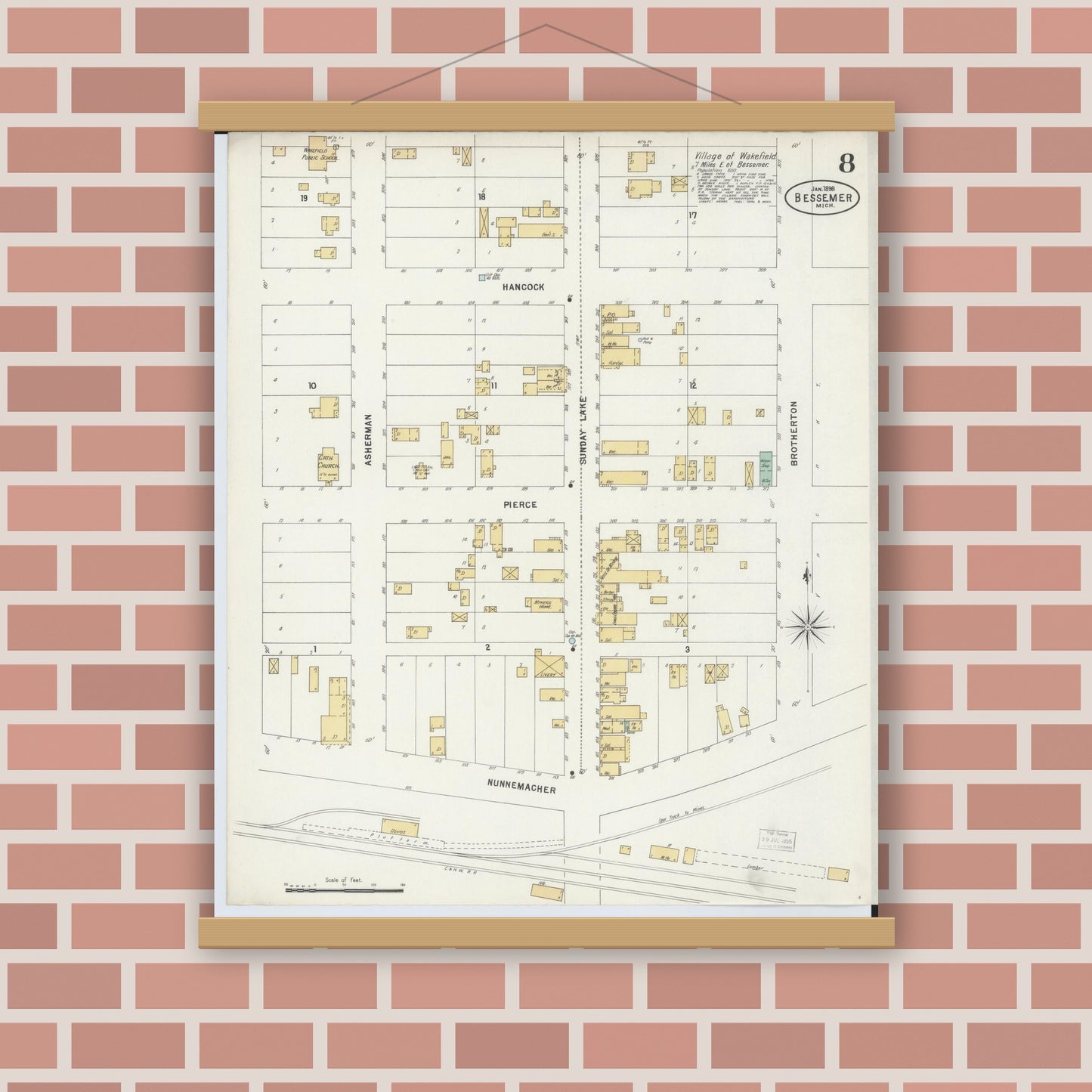 Old map wall art mockup — magnetic wood frame on brick wall — Sanborn Fire Insurance Map from Bessemer, Gogebic County, Michigan (1898), Sheet #0008
