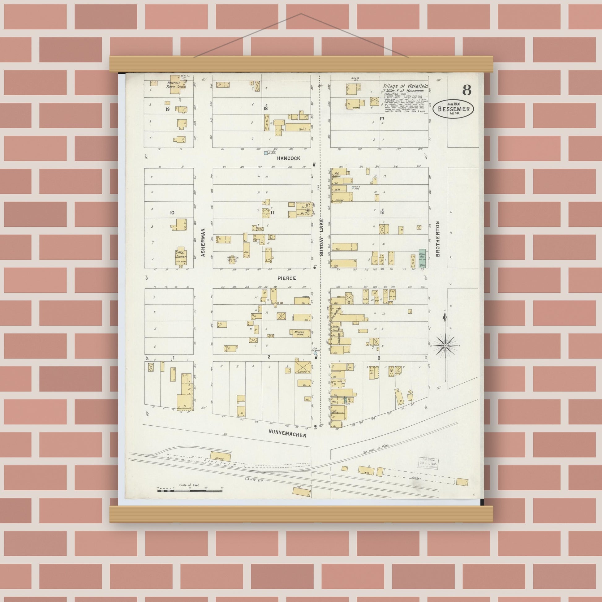 Old map wall art mockup — magnetic wood frame on brick wall — Sanborn Fire Insurance Map from Bessemer, Gogebic County, Michigan (1898), Sheet #0008