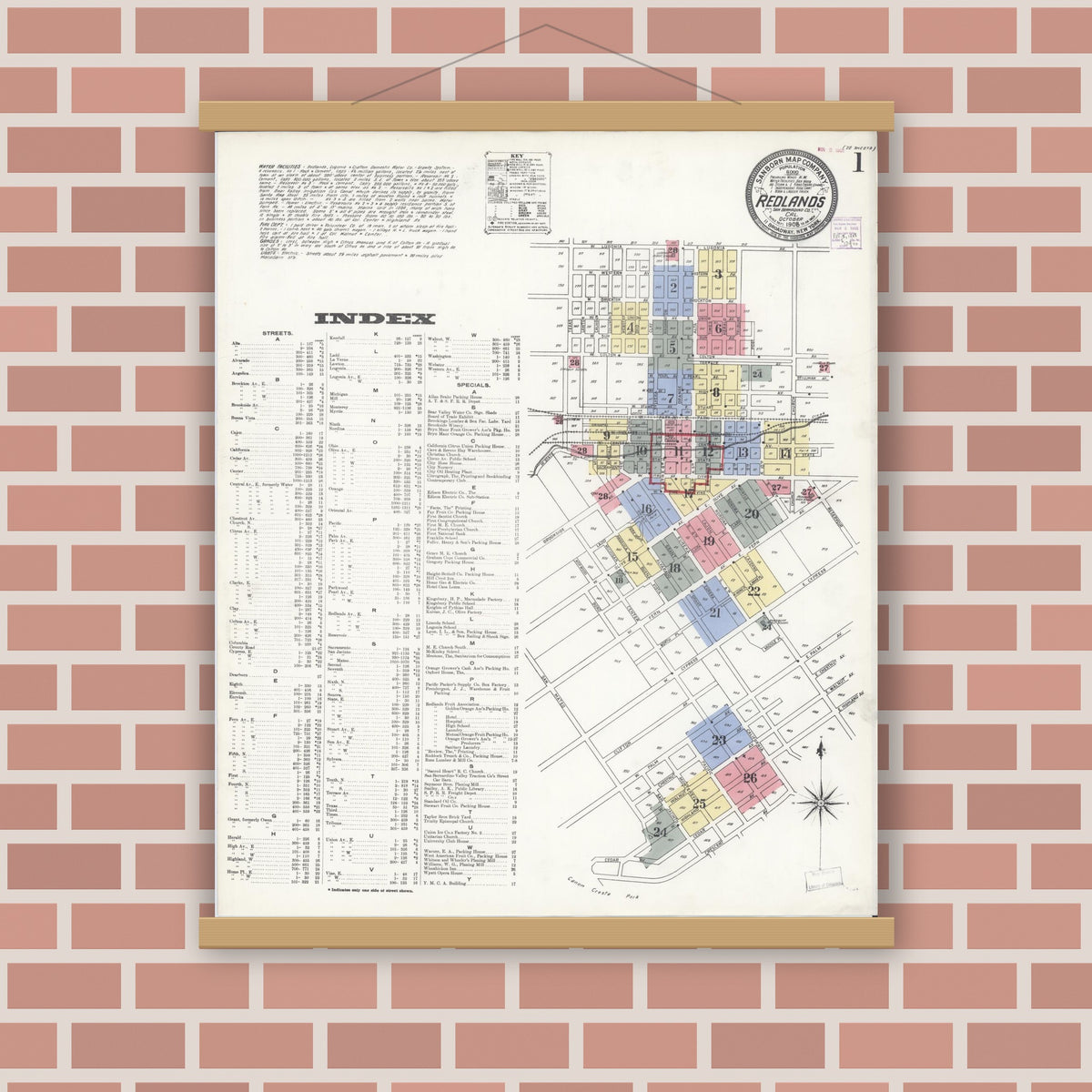 Old map wall art mockup — magnetic wood frame on brick wall — Sanborn Fire Insurance Map from Redlands, San Bernardino County, California (1908) - Complete Map Set