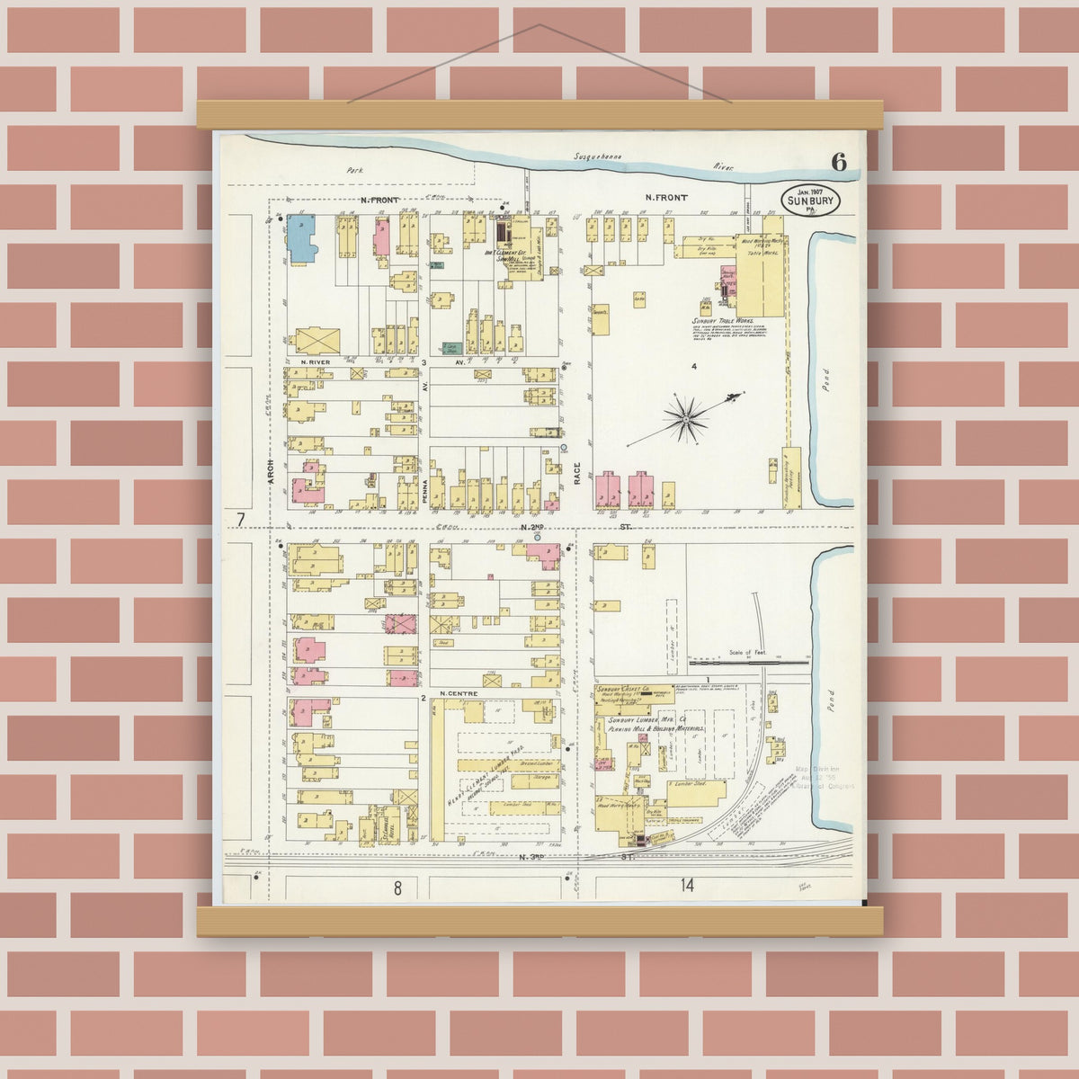 Old map wall art mockup — magnetic wood frame on brick wall — Sanborn Fire Insurance Map from Sunbury, Northumberland County, Pennsylvania (1907), Sheet #0006